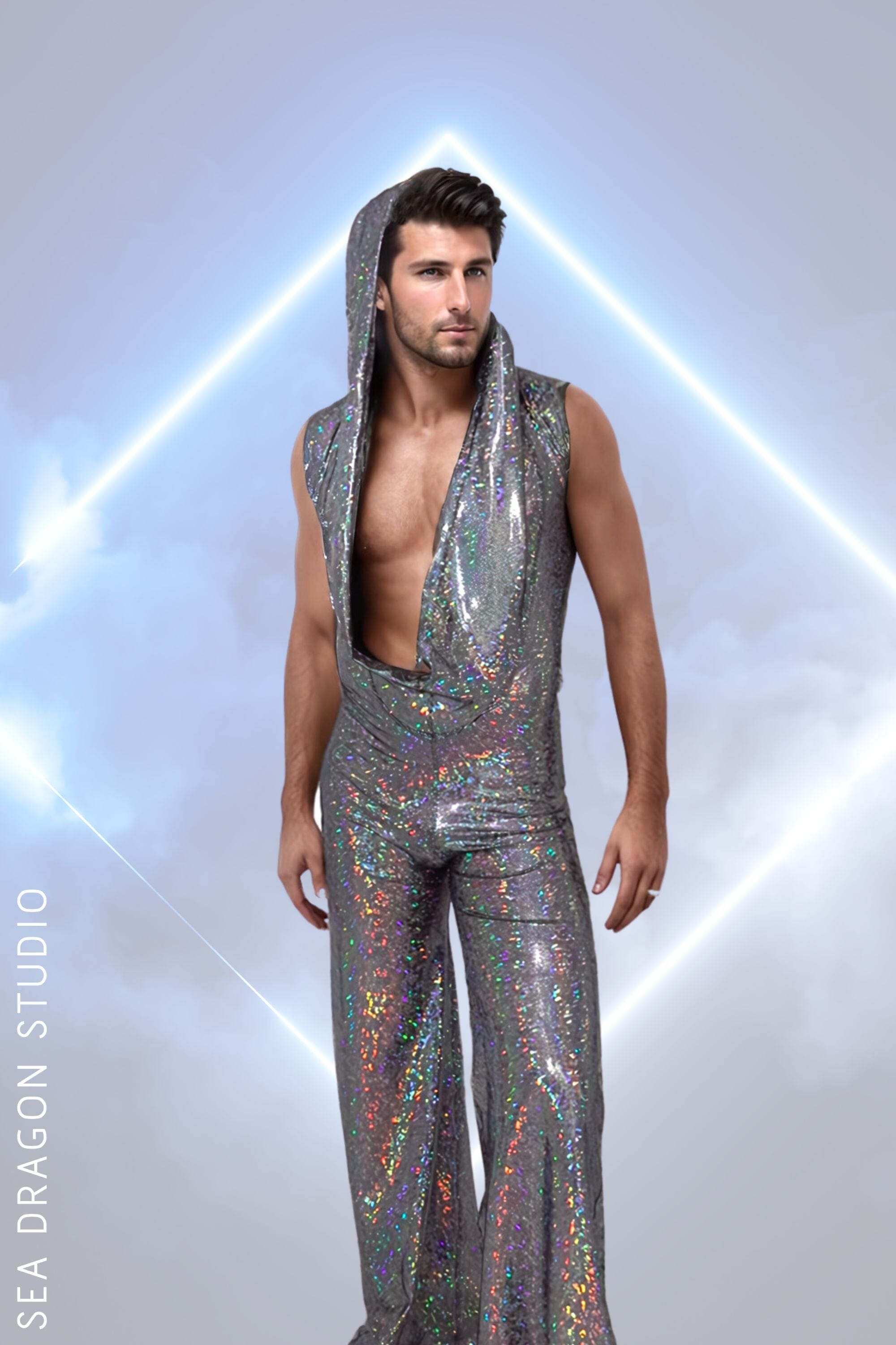 Sea Dragon Studio holographic disco jumpsuit for men in silver - full-body rave outfit for Burning Man and EDM festivals.