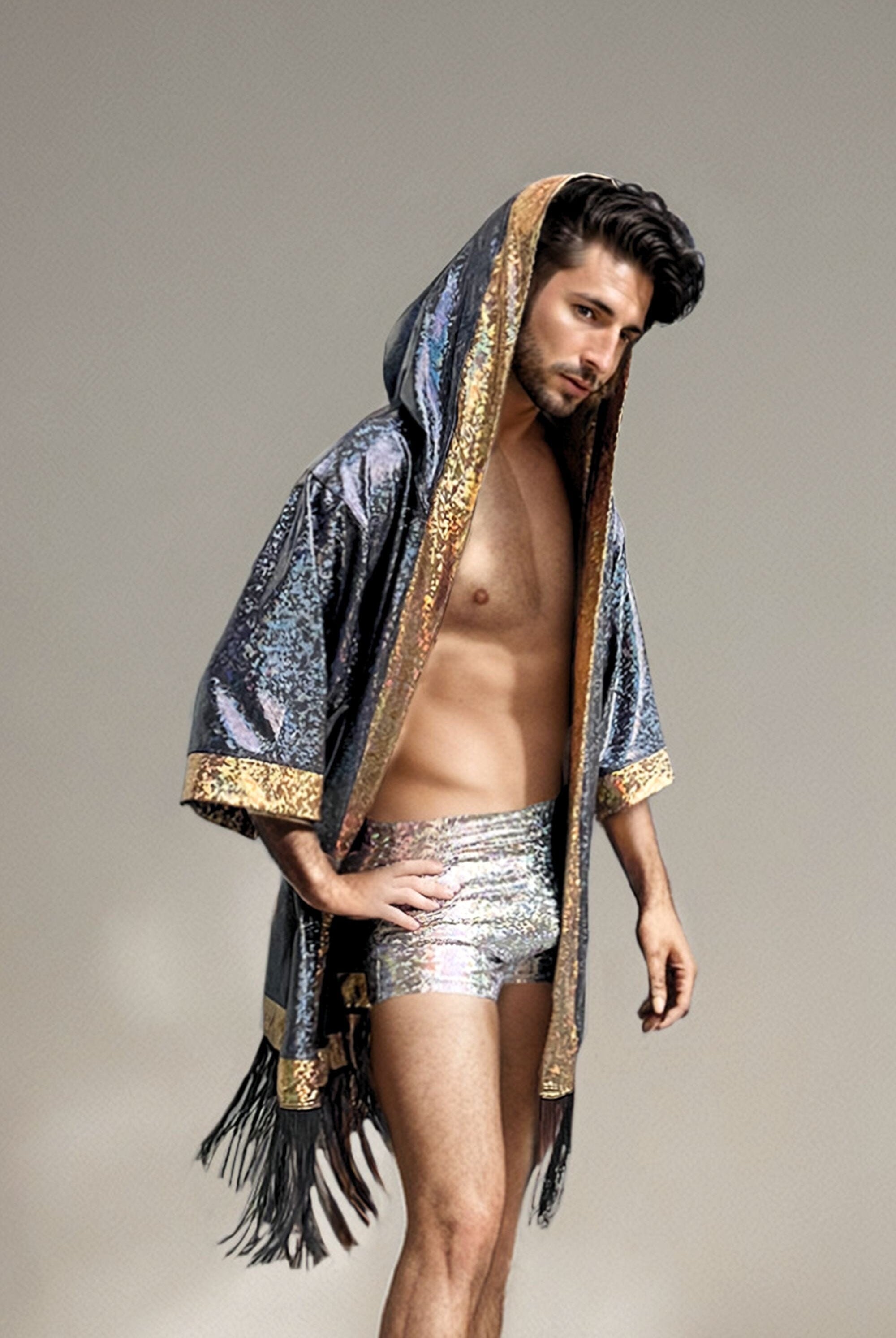 Sea Dragon Studio Holographic Hooded Kimono – worn at rave event, iridescent festival robe