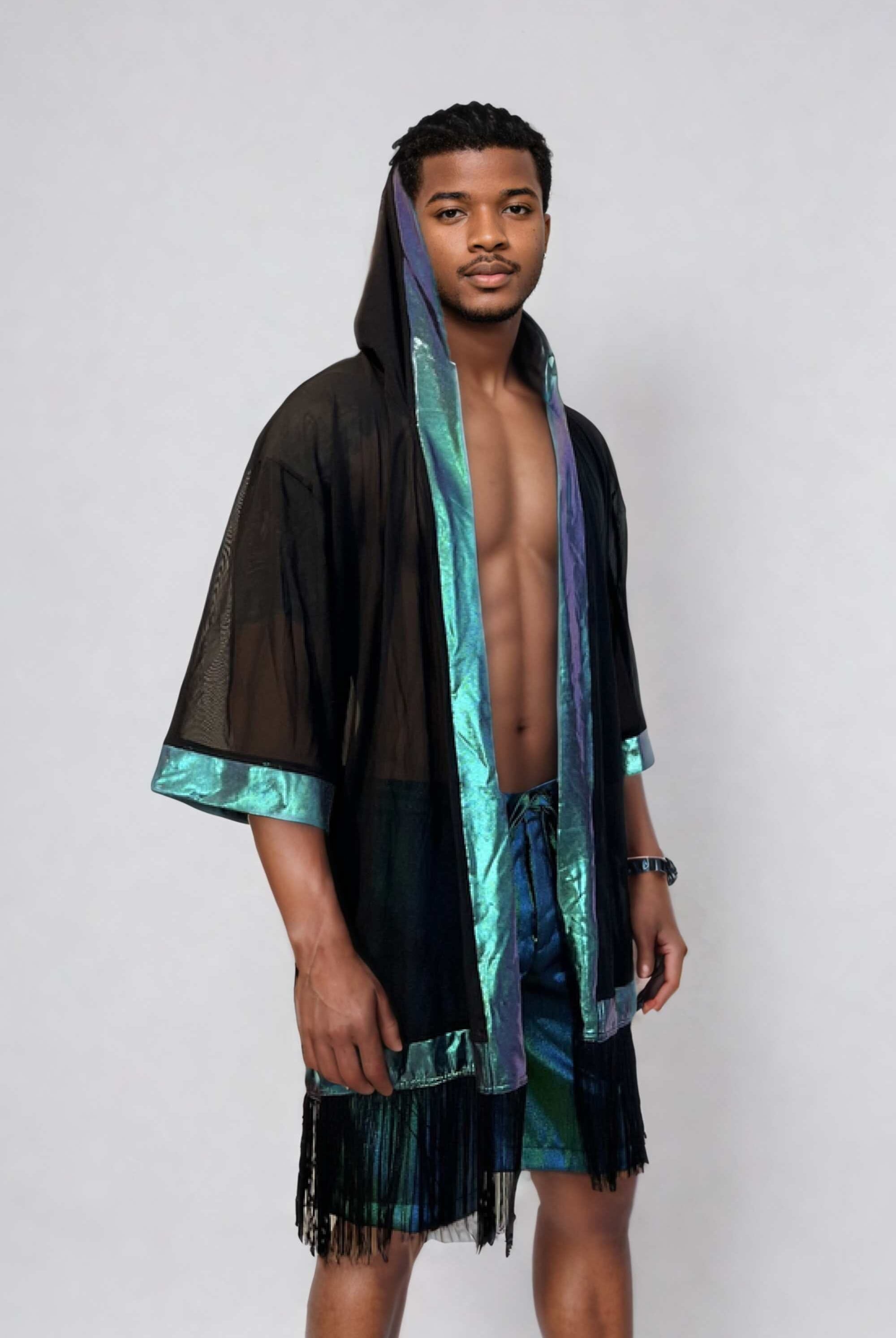 Mens Hooded Mesh & Holo Kimono with Fringe Mens Tops SEA DRAGON STUDIO