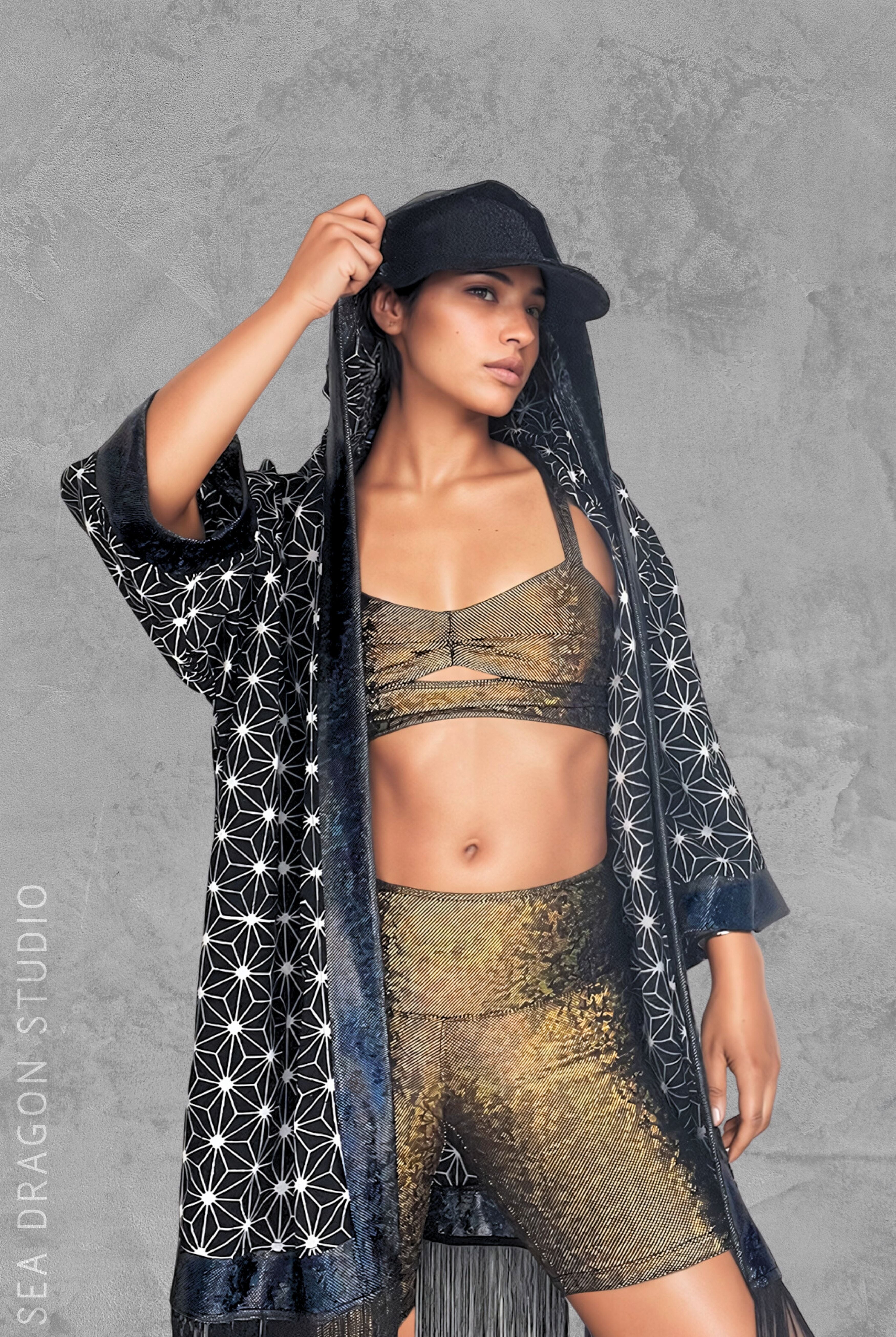 Starburst Hooded Kimono with Holo Trim & Fringe Kimonos SEA DRAGON STUDIO Starburst Dark Midnight Inferno (Black)