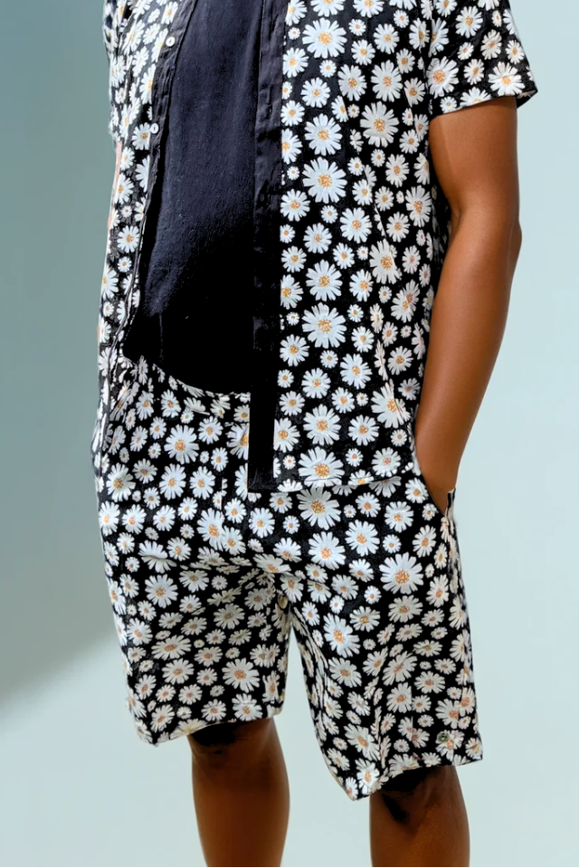 Side view of Sea Dragon Studio Daisy Cutter Shorts showing the comfortable cotton drape and easy summer silhouette.