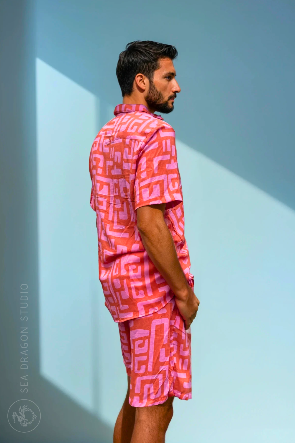 Side view of the Hazy Maze Summer Punch Shirt showing relaxed short sleeves and soft drape.