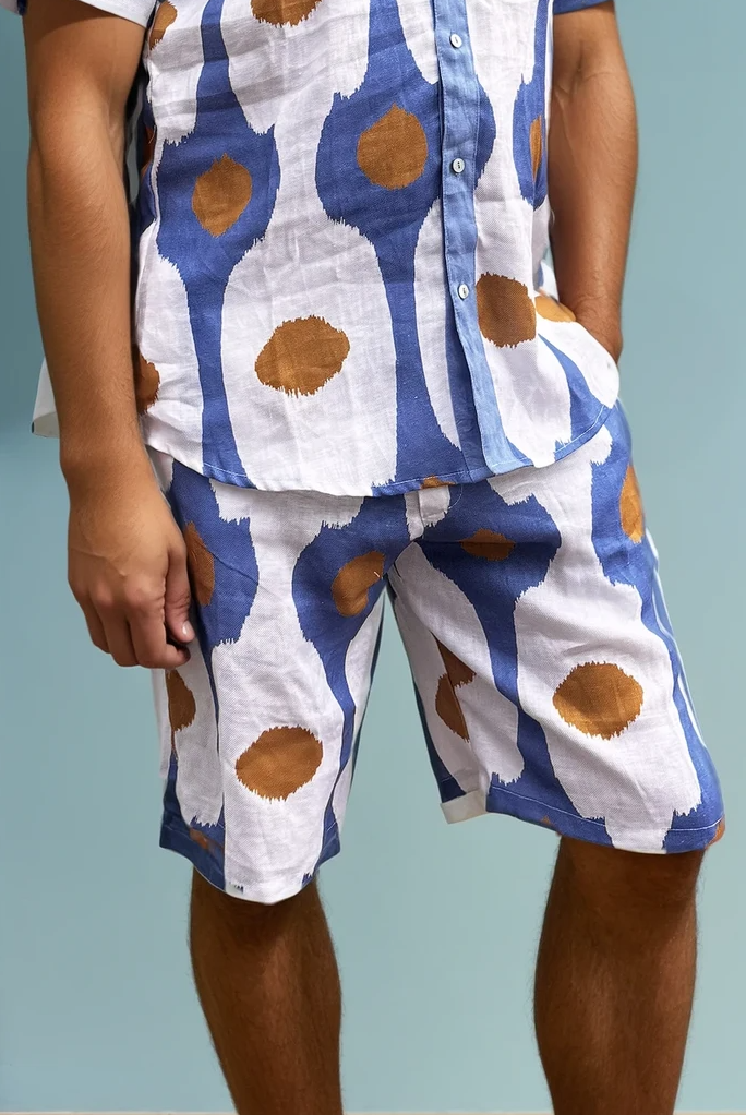 Blue linen men’s shorts styled as matching set by Sea Dragon Studio