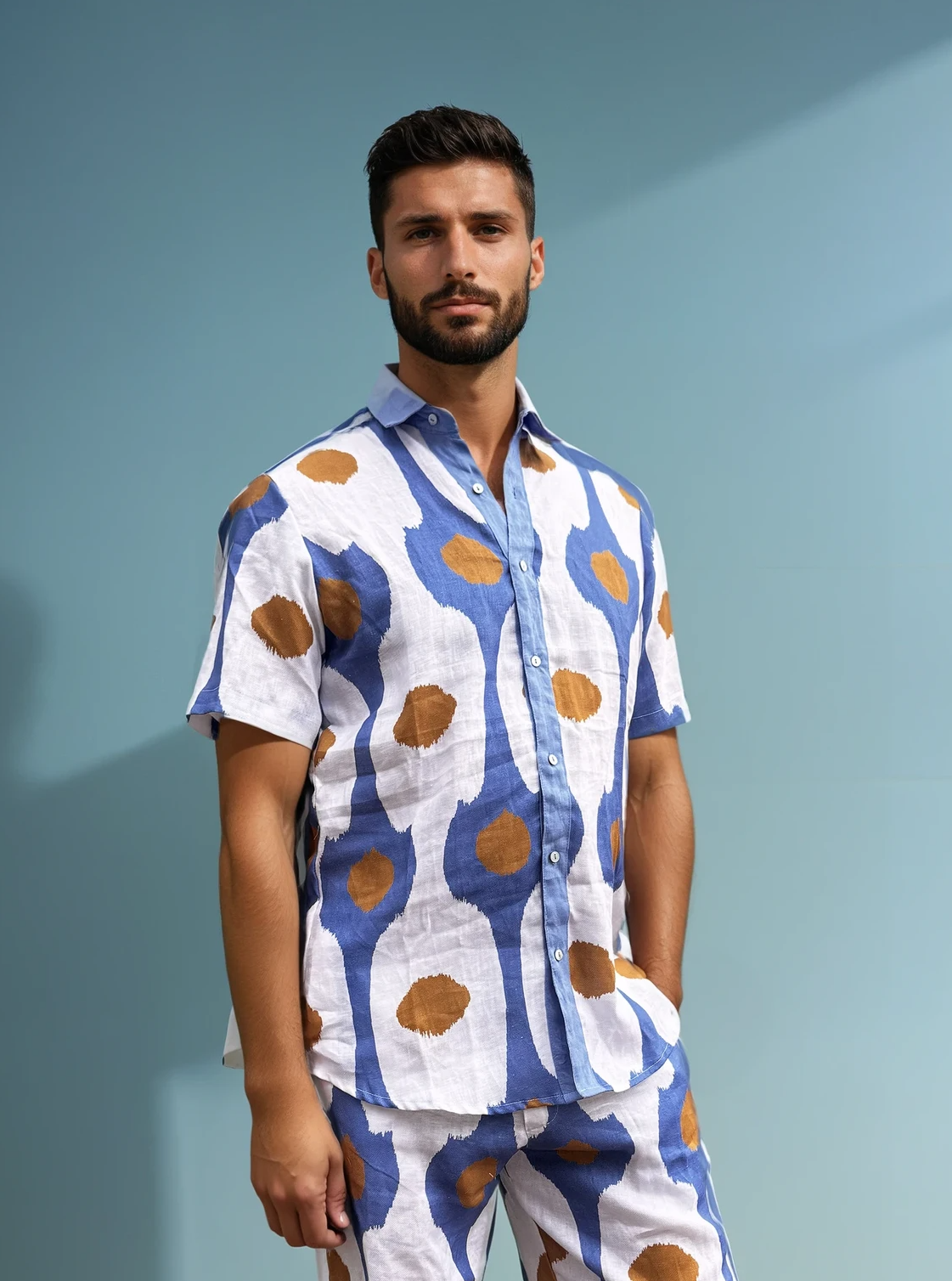 Model wearing the Into the Sun men’s linen shirt and shorts set in blue dot print, front view.