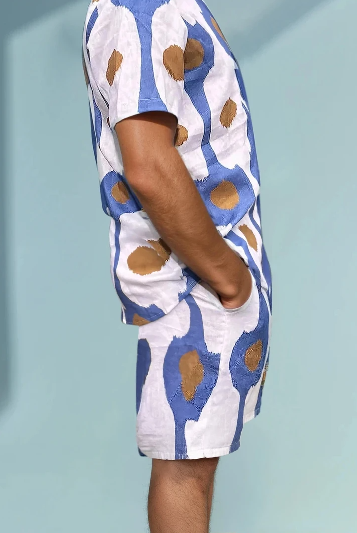 Men’s premium linen shorts in blue abstract dot print side view