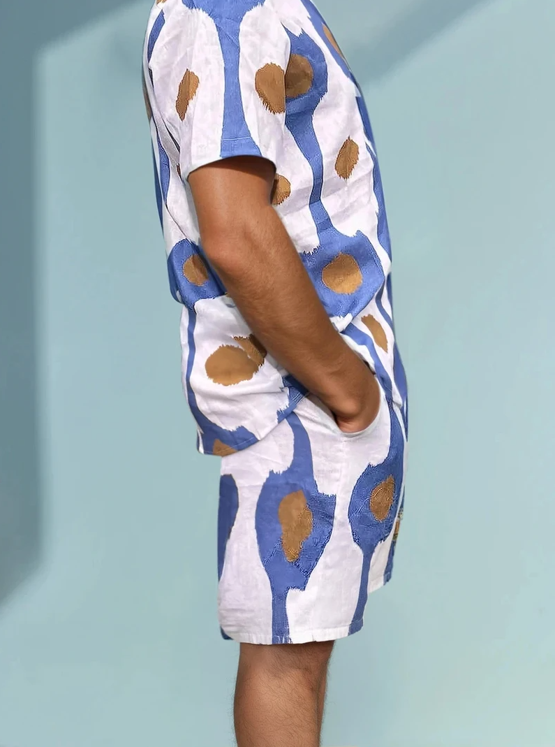 Men’s premium linen shorts in blue abstract dot print side view