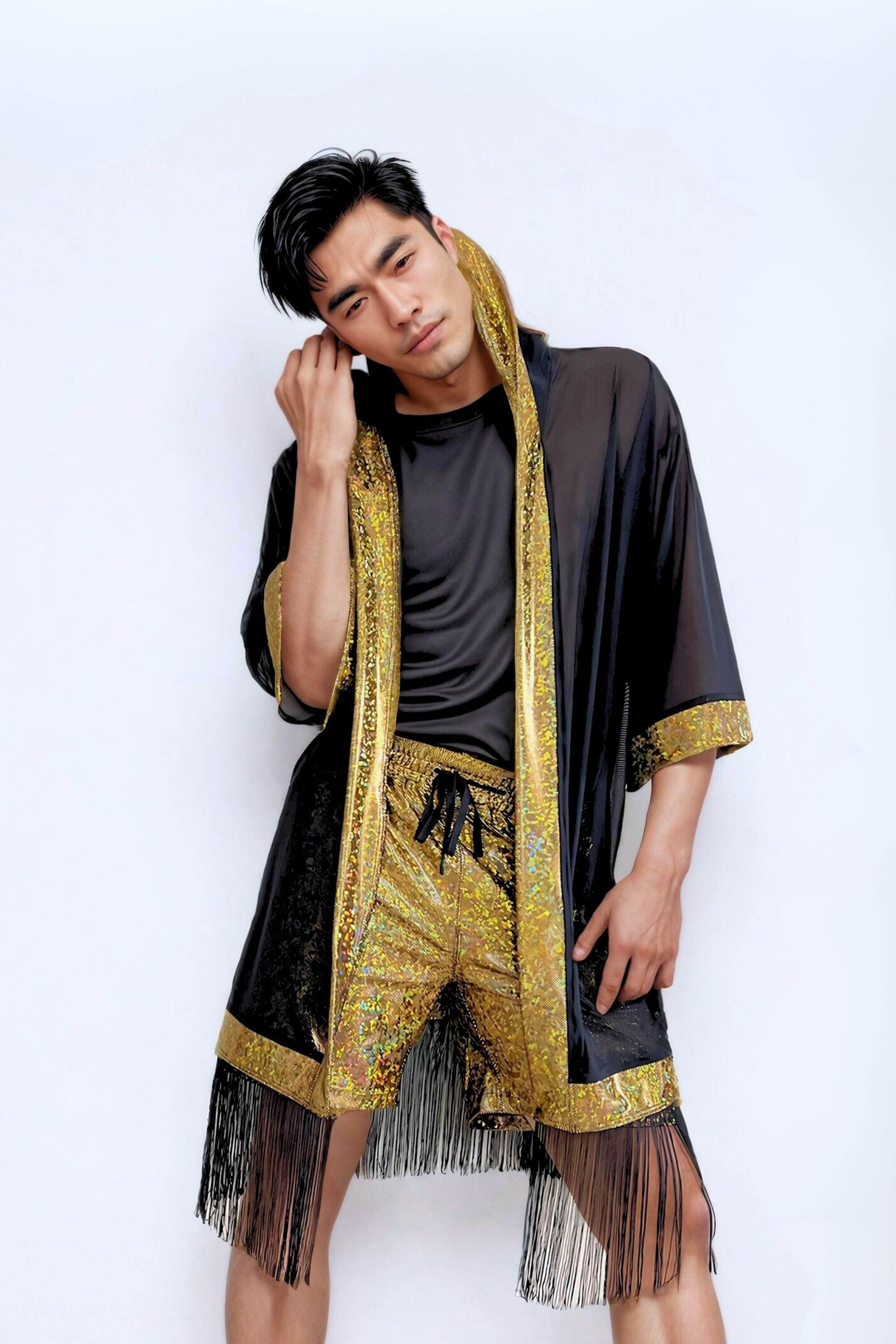 Cosmic Drifter Mesh Kimono with Fringe Mens Tops SEA DRAGON STUDIO