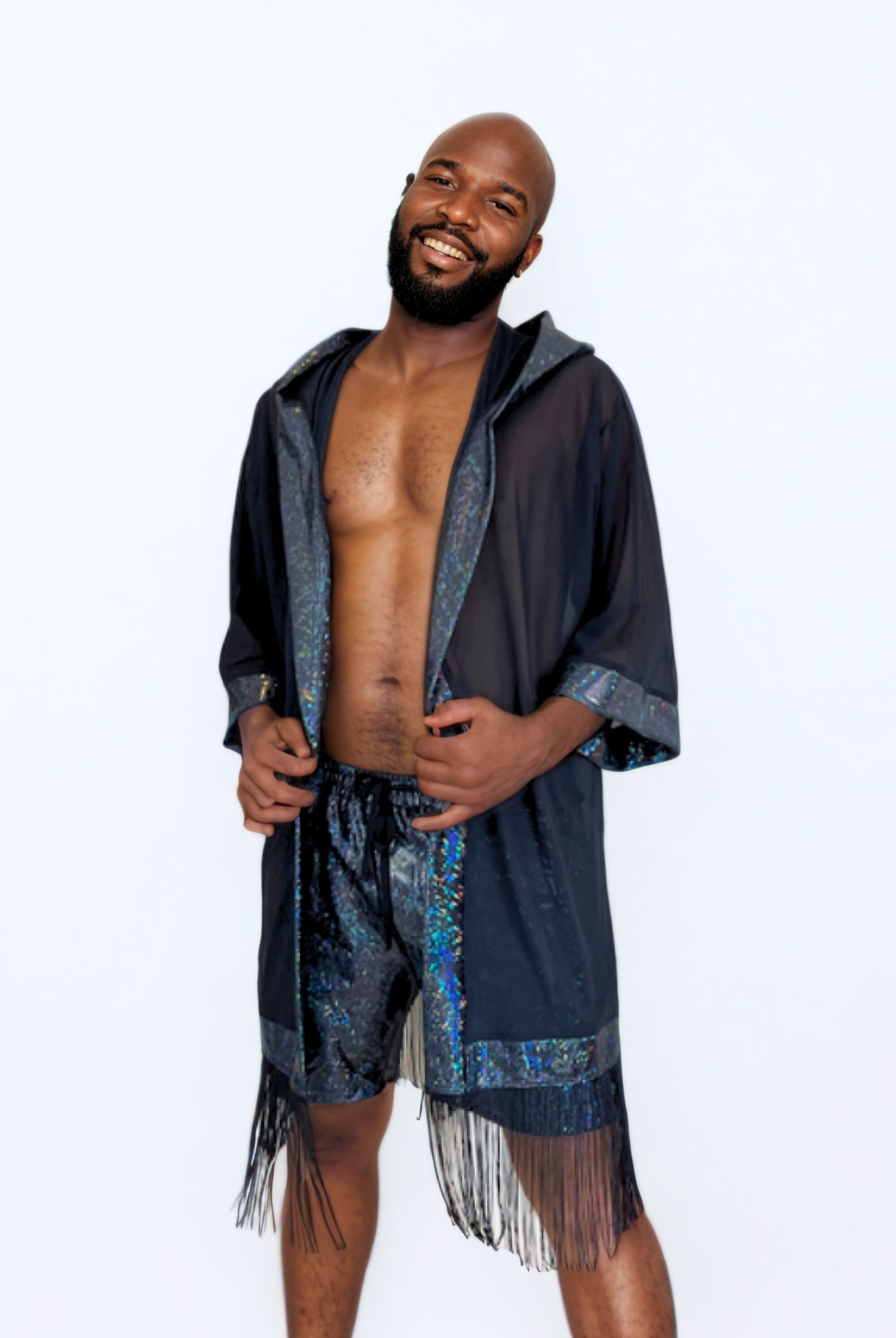 Cosmic Drifter Mesh Kimono with Fringe Mens Tops SEA DRAGON STUDIO