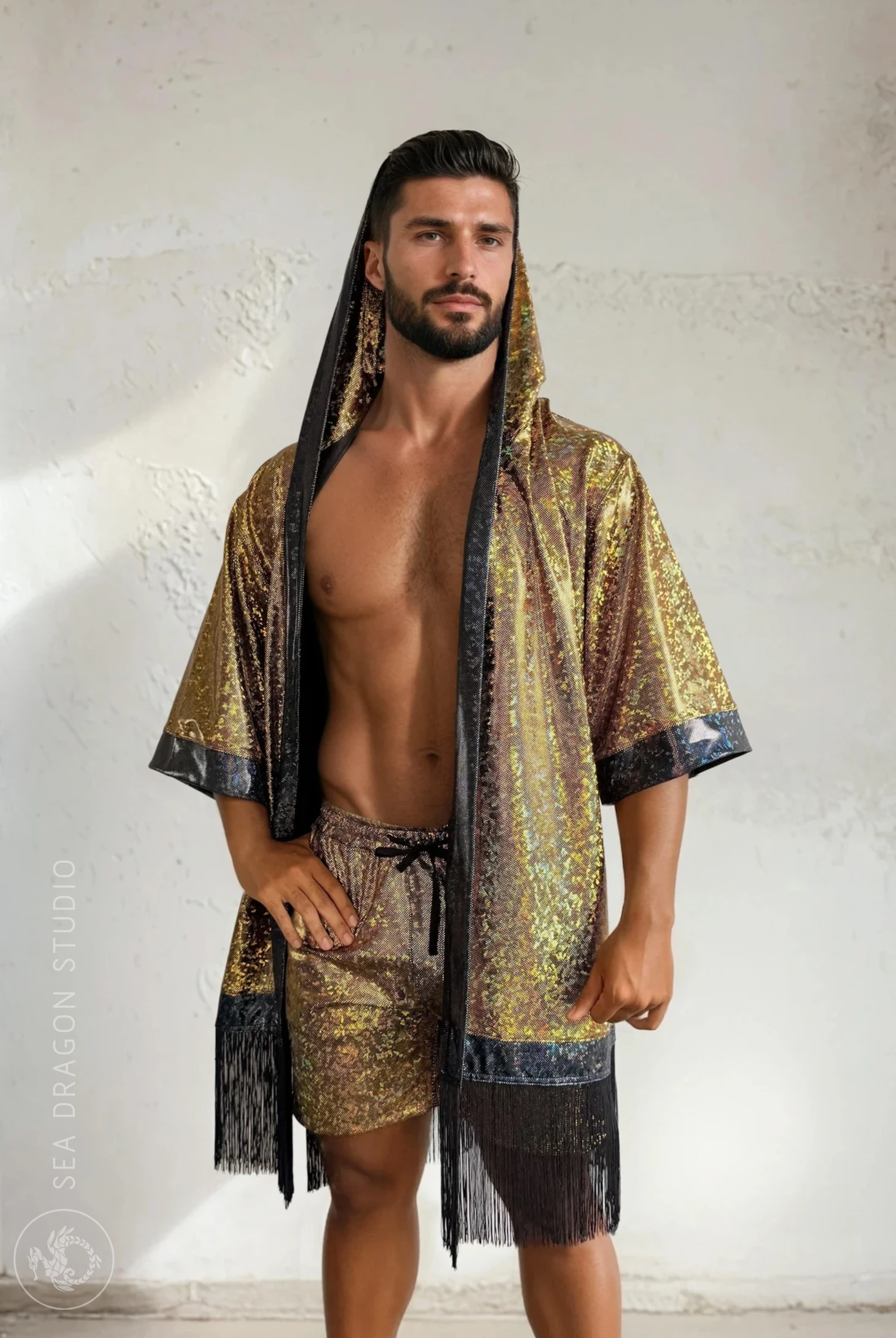 Sea Dragon Studio Holographic Hooded Kimono – front view in Gold Rush, holographic festival robe with fringe