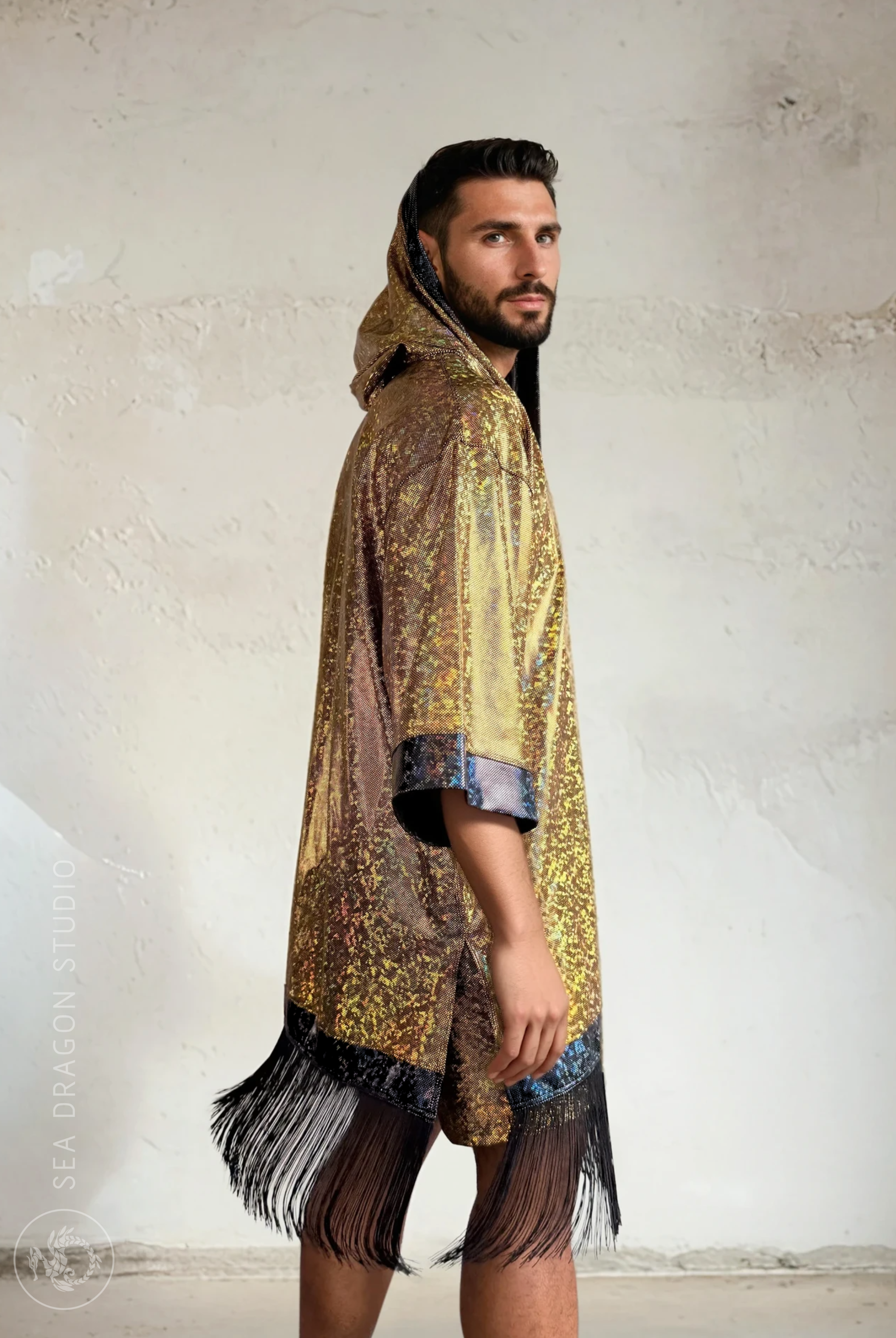 Sea Dragon Studio Holographic Hooded Kimono – front view in Midnight Inferno, holographic rave kimono