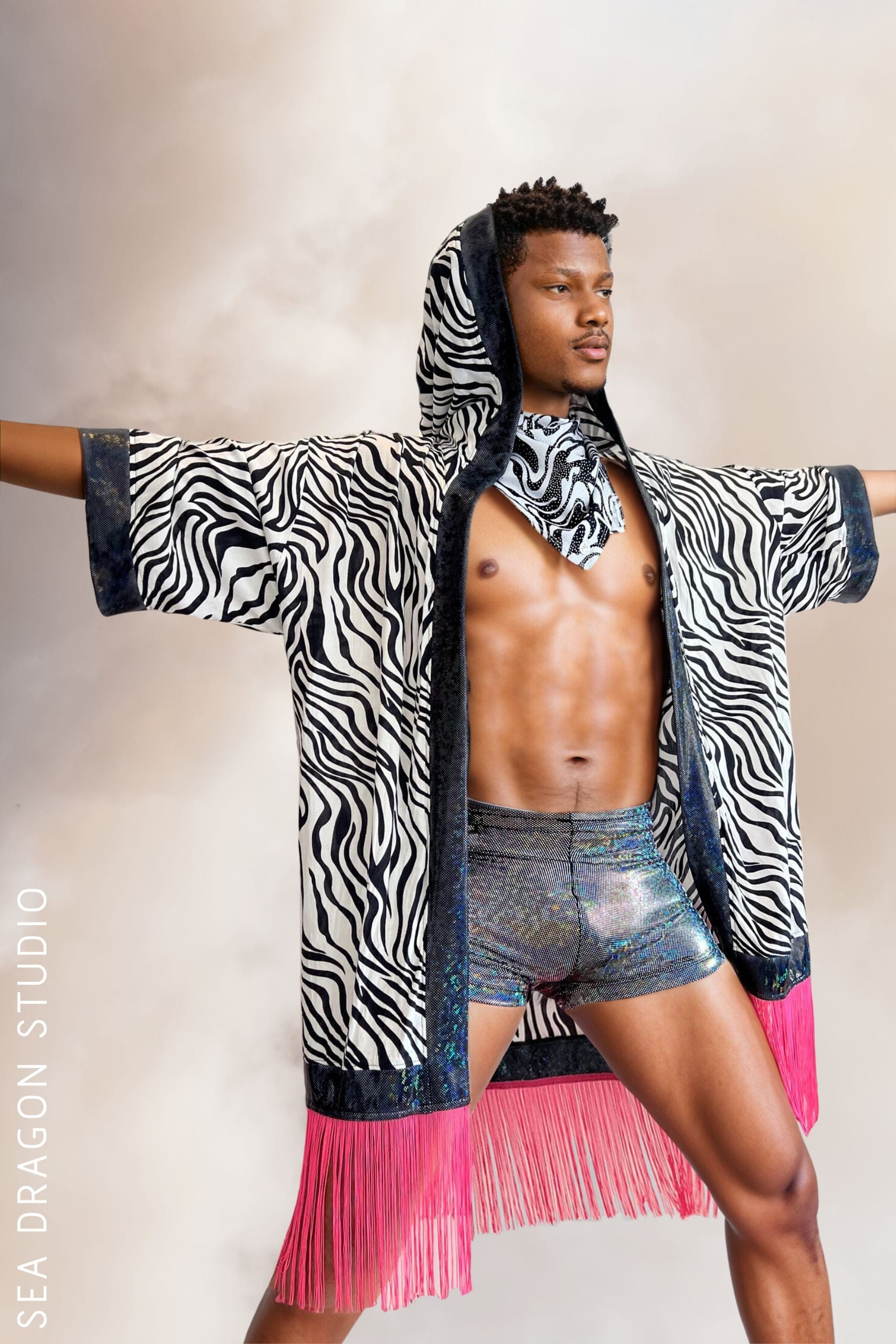 Zebra Hooded Kimono with Holo & Fringe Kimonos SEA DRAGON STUDIO
