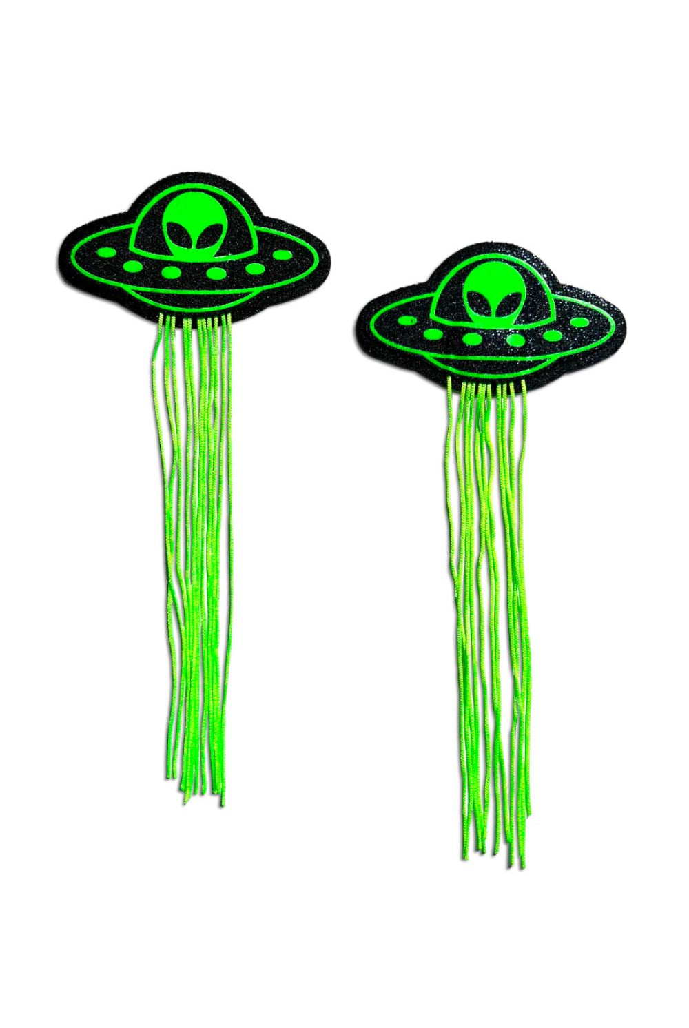 Sea Dragon Studio Tassel UFO Alien Glow-in-the-Dark Nipple Pasties womens festival pasties — festival and rave and pride wear, worn at festival.