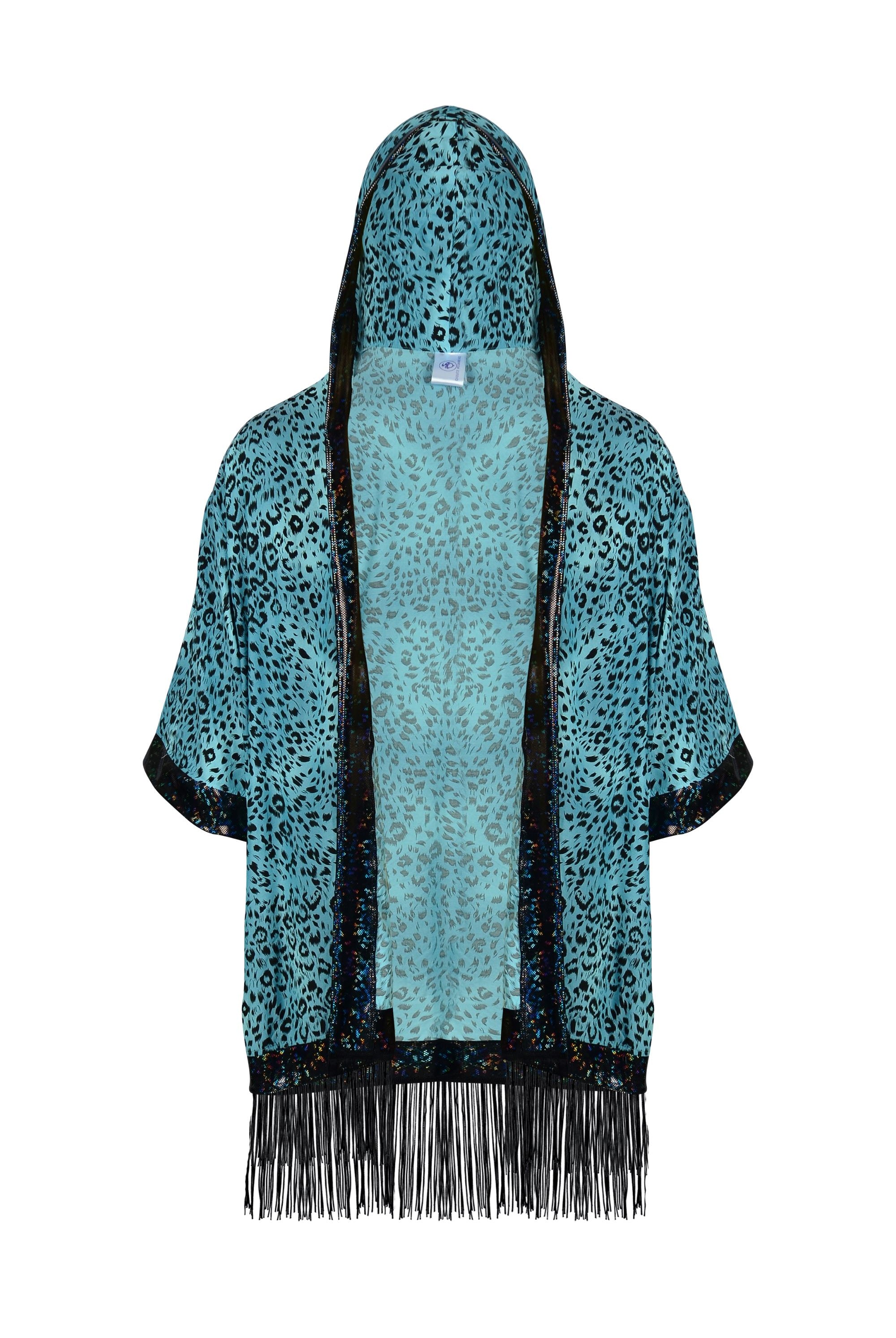 Big Cat Energy Hooded Kimono with Holo & Fringe Mens Tops SEA DRAGON STUDIO Blueberry Leopard