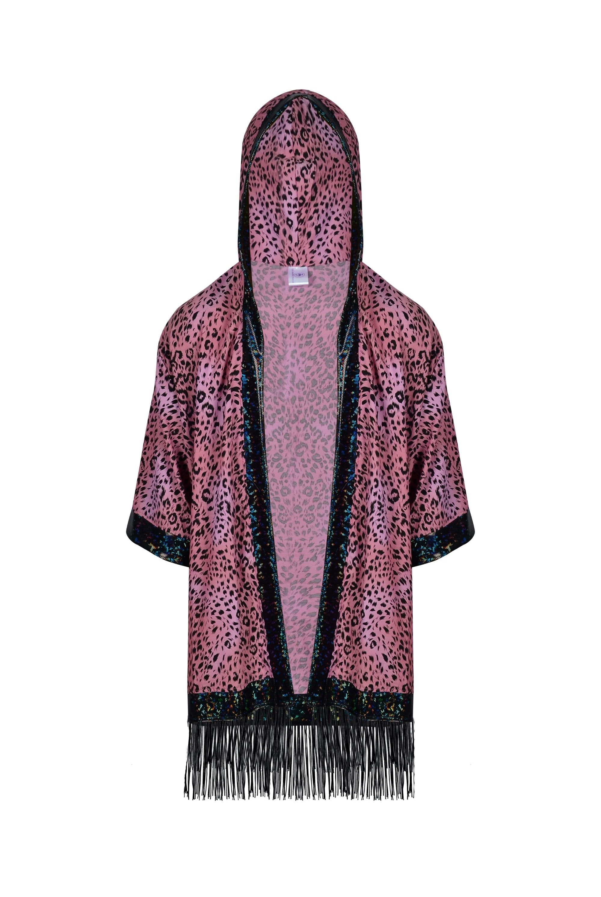 Big Cat Energy Hooded Kimono with Holo & Fringe Mens Tops SEA DRAGON STUDIO Strawberry Leopard
