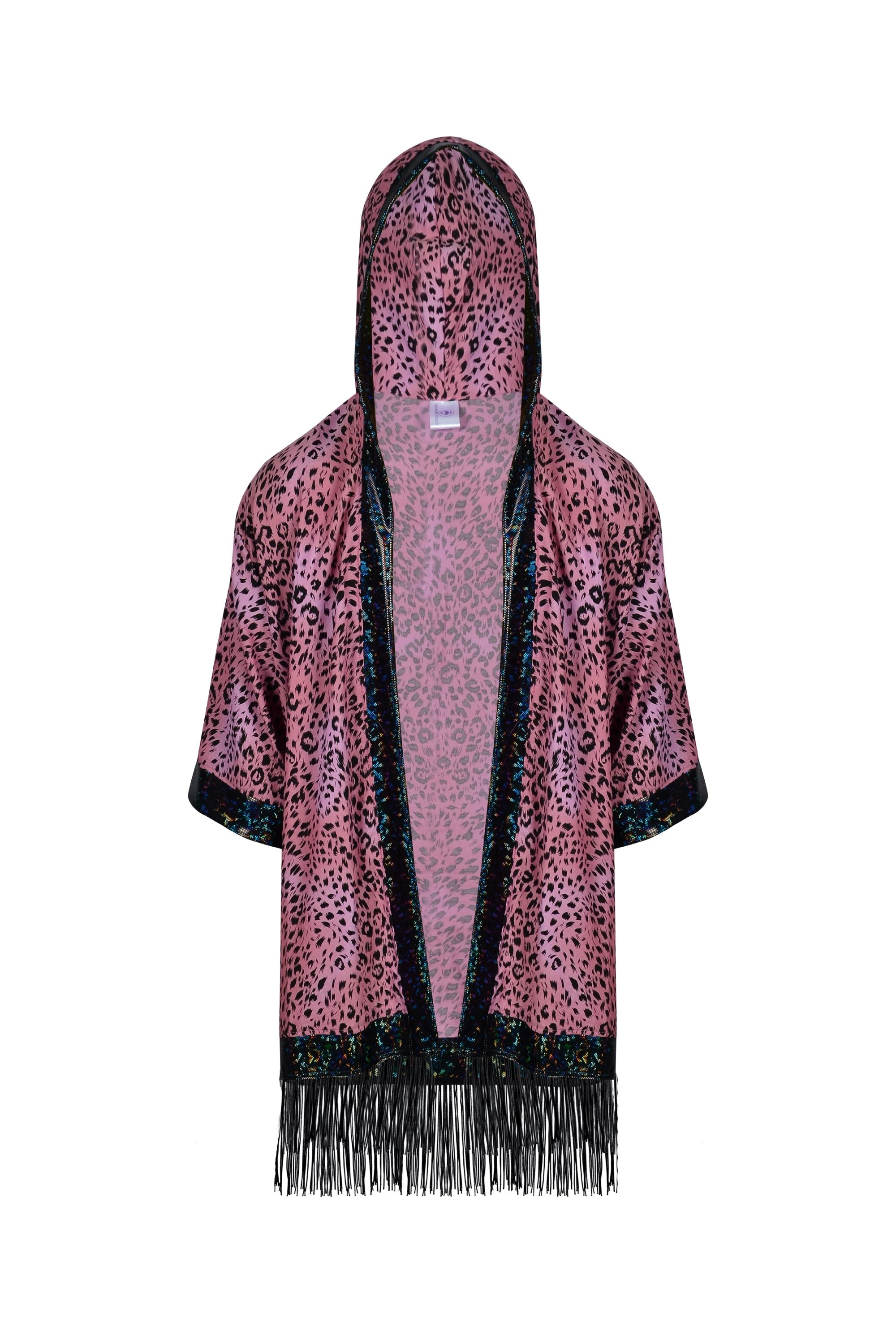 Big Cat Energy Hooded Kimono with Holo & Fringe Mens Tops SEA DRAGON STUDIO Strawberry Leopard