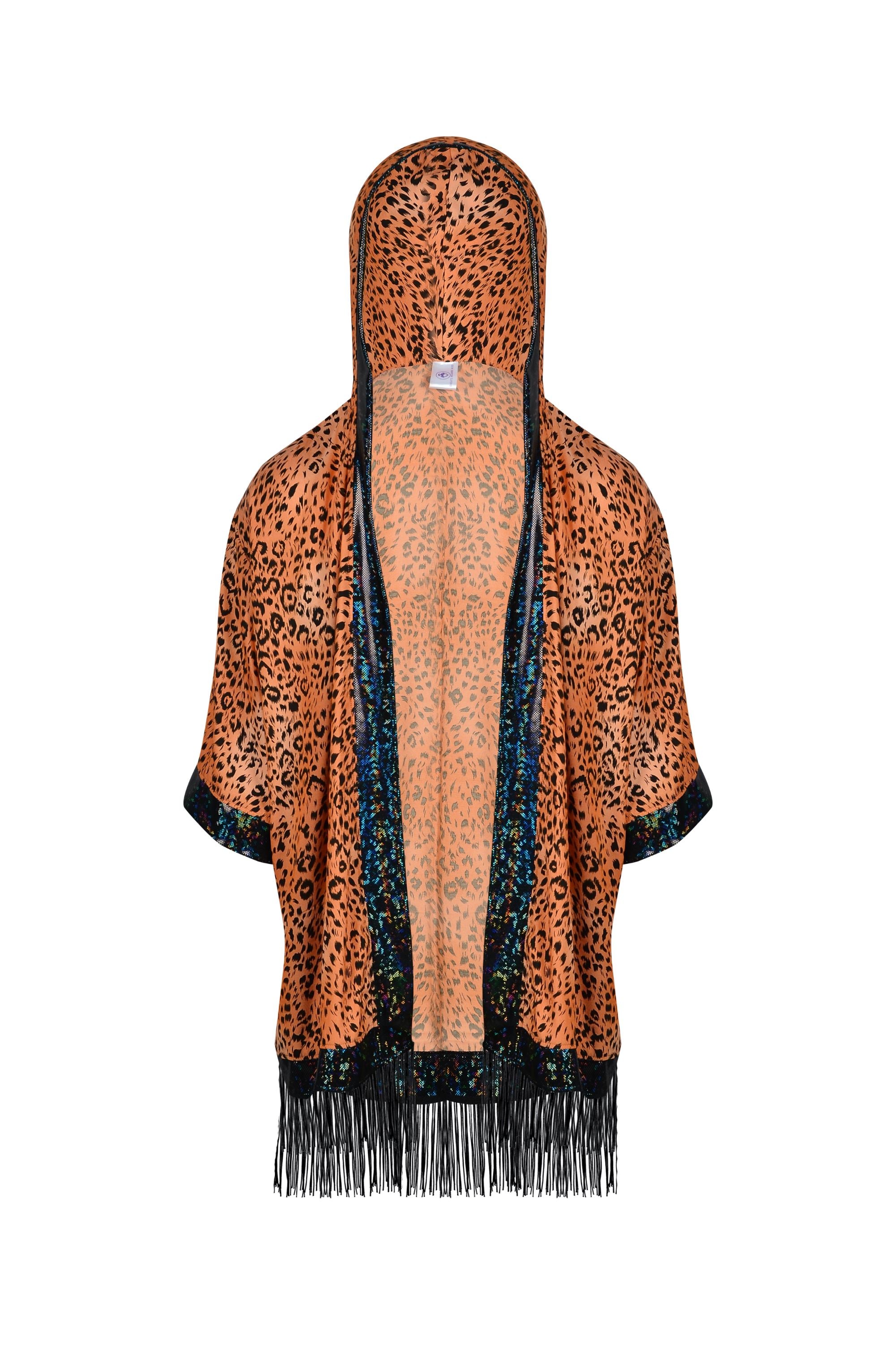 Big Cat Energy Hooded Kimono with Holo & Fringe Mens Tops SEA DRAGON STUDIO Tangerine Leopard