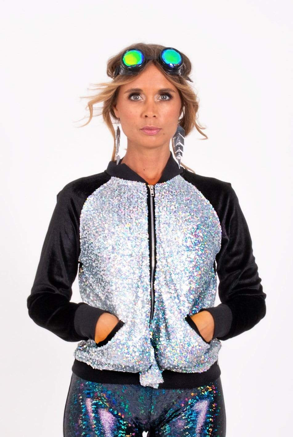 Holo Silver Sequin Bomber Jacket Womens Tops SEA DRAGON STUDIO