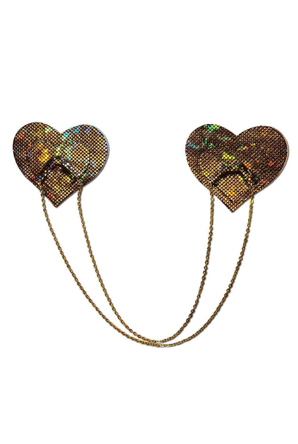 Sea Dragon Studio Gold Chains Holo Heart Nipple Pasties womens festival pasties — Burning Man and rave wear, worn at festival.