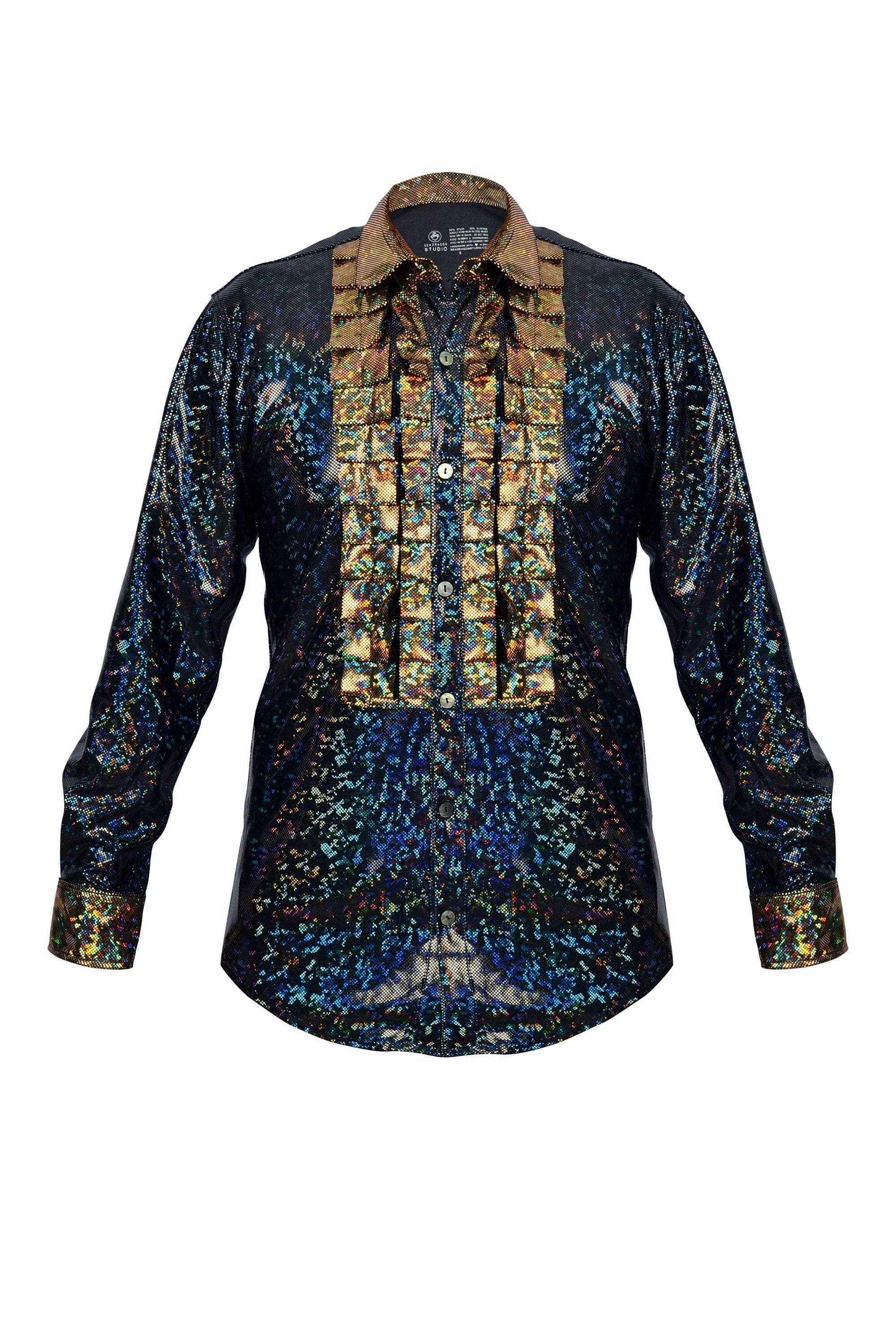 Holographic Long Sleeve Disco Tuxedo Shirt Mens Tops SEA DRAGON STUDIO Midnight Inferno (Black) XSMALL