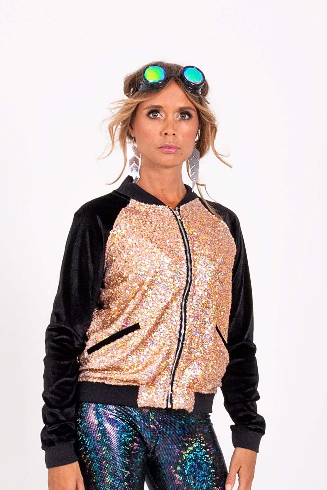 Holo Rose Gold Sequin Bomber Jacket Womens Tops SEA DRAGON STUDIO