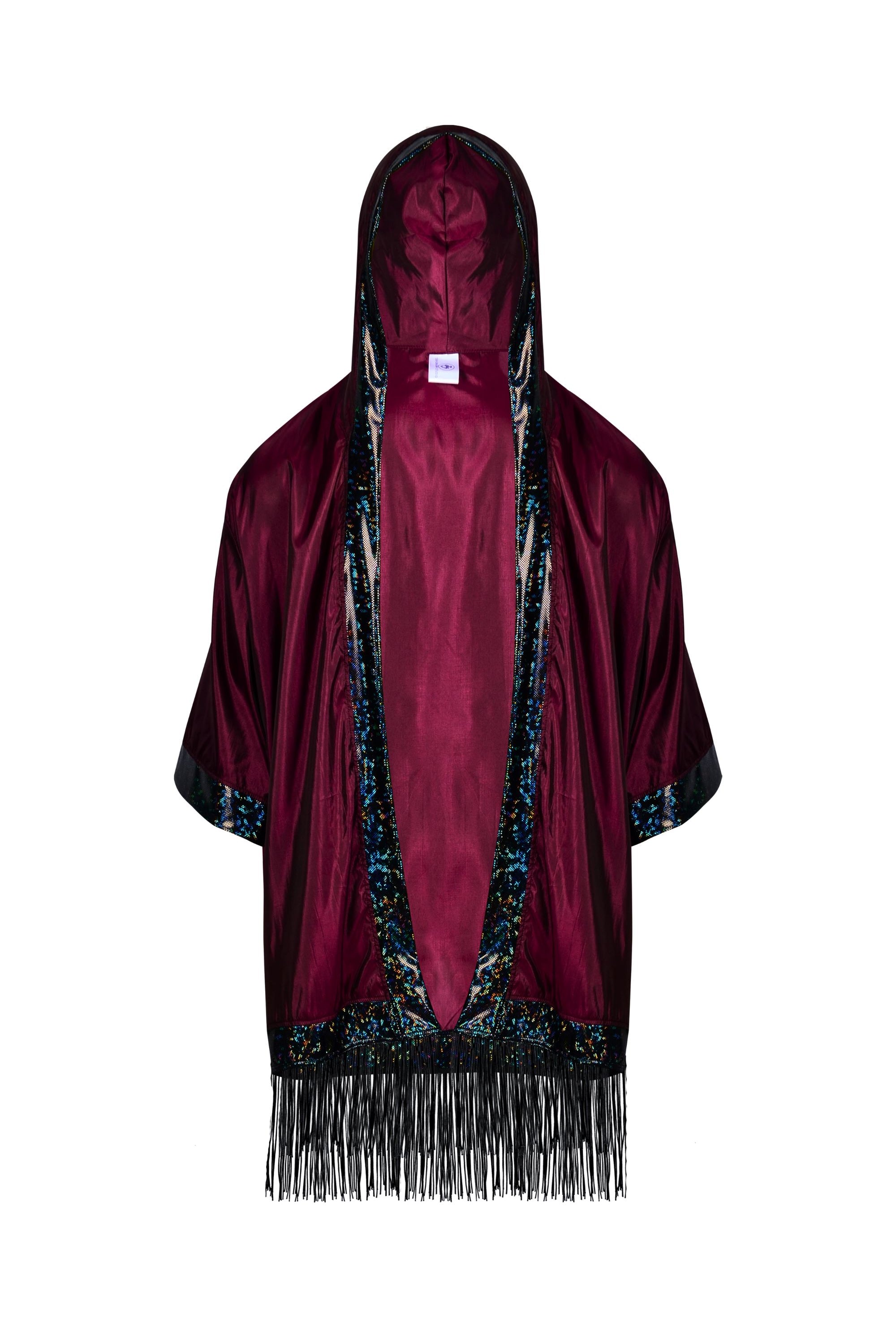 Hooded Iridescent Kimono With Fringe Mens Tops SEA DRAGON STUDIO Iridescent Wine