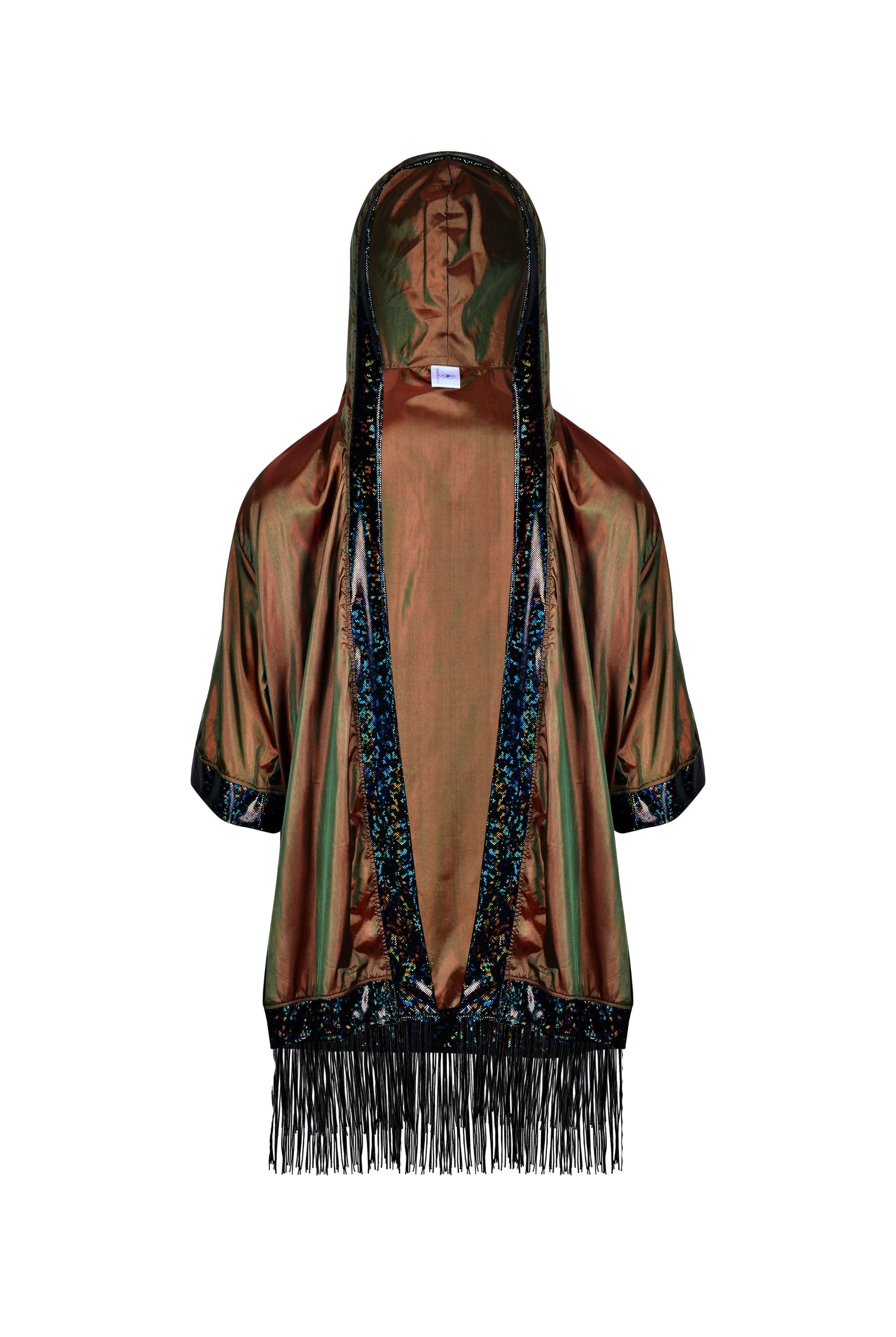 Hooded Iridescent Kimono With Fringe Mens Tops SEA DRAGON STUDIO Iridescent Rust