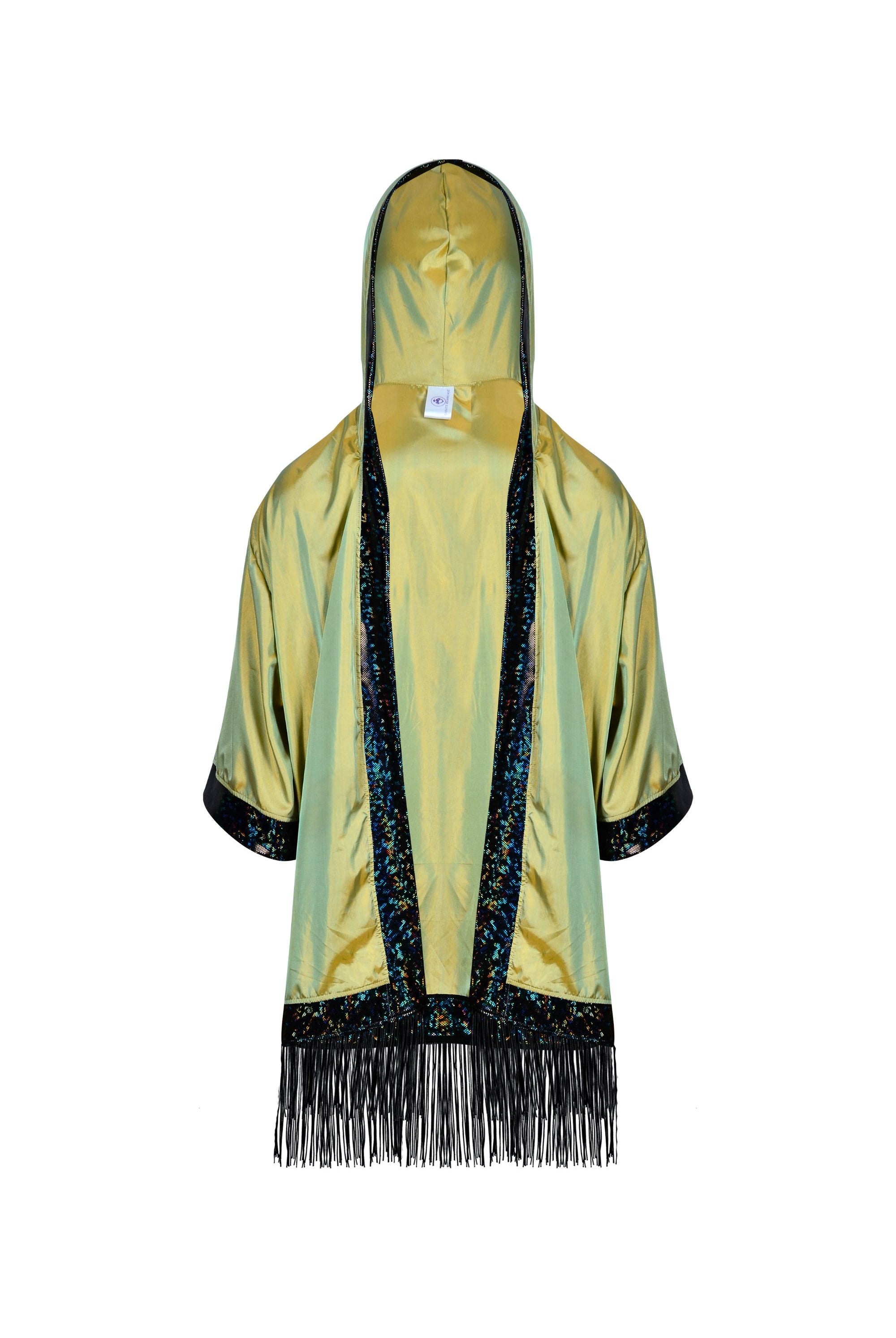 Hooded Iridescent Kimono With Fringe Mens Tops SEA DRAGON STUDIO Iridescent Green