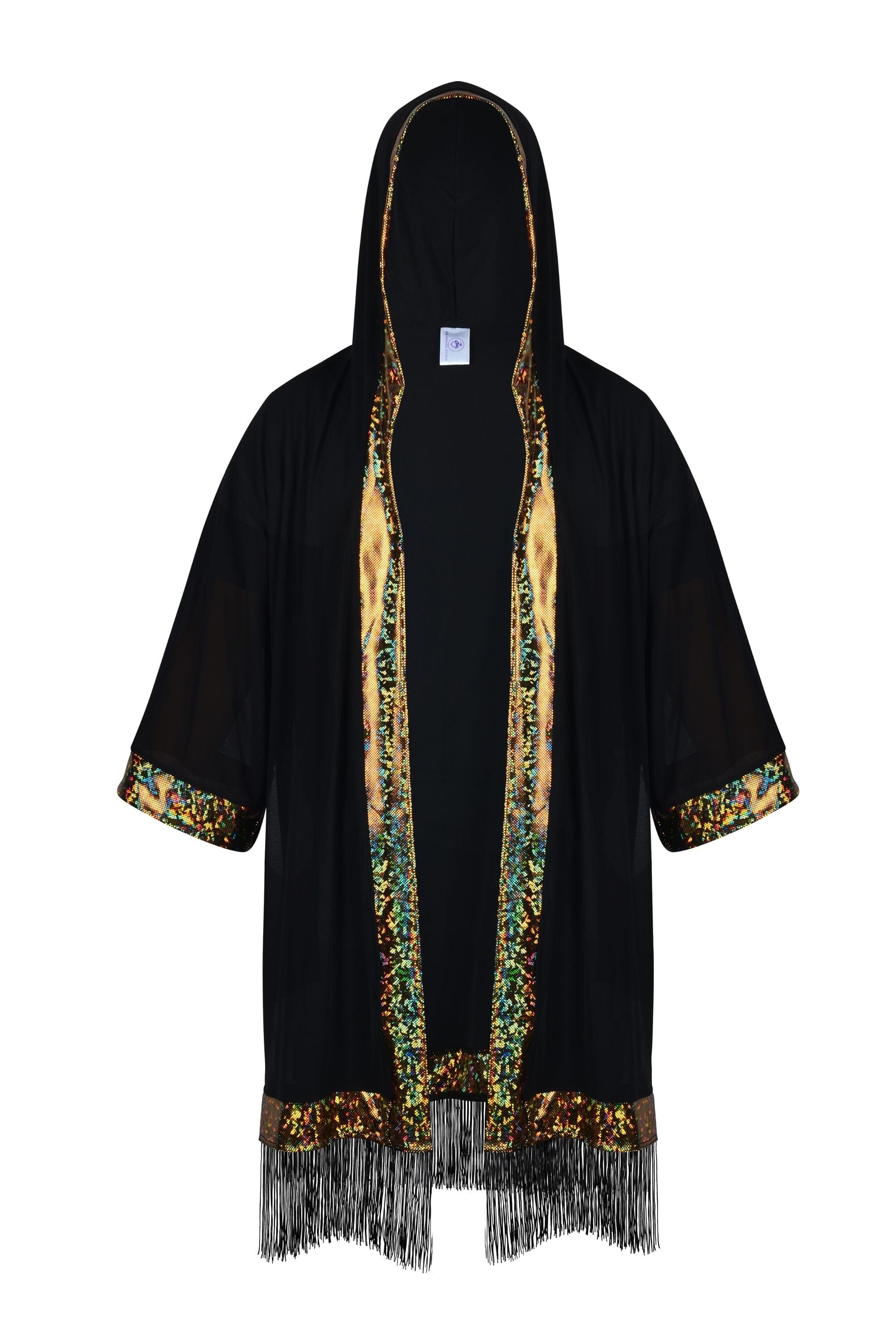 Hooded Mesh & Holo Kimono with Fringe Mens Tops SEA DRAGON STUDIO
