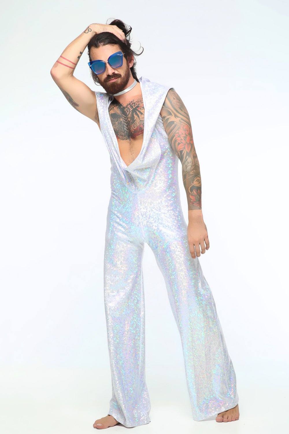 Sea Dragon Studio mens holographic jumpsuit back view - 4-way stretch lycra rave wear in Midnight Inferno Black.