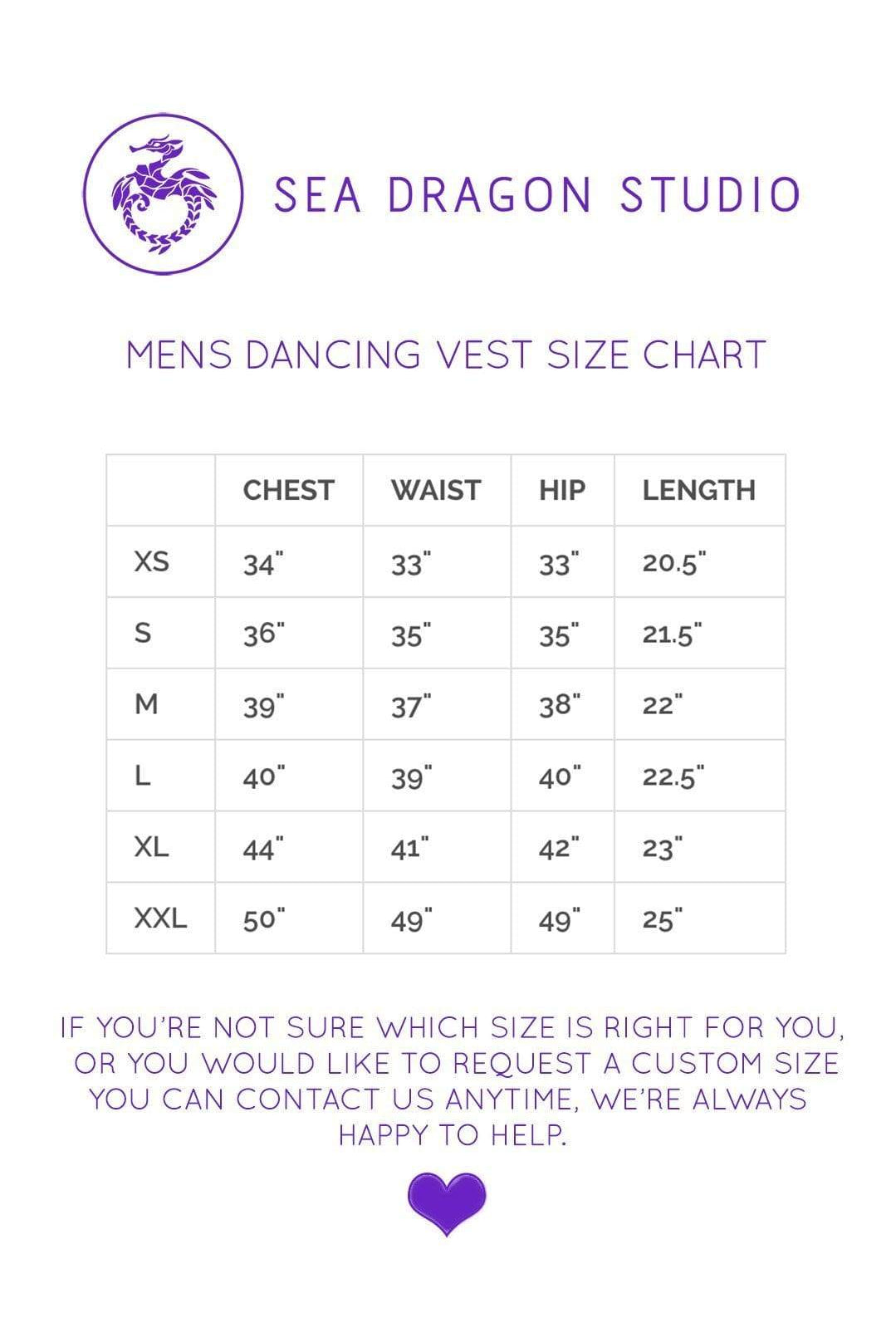 Mens Holographic Dancing Vest - Sizing Chart  From Sea Dragon Studio Festival & Rave Clothing Collection