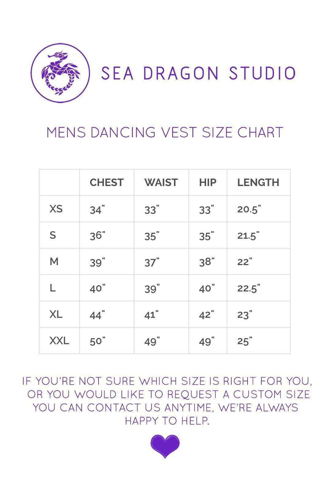 Mens Holographic Dancing Vest - Sizing Chart From Sea Dragon Studio Festival & Rave Clothing Collection