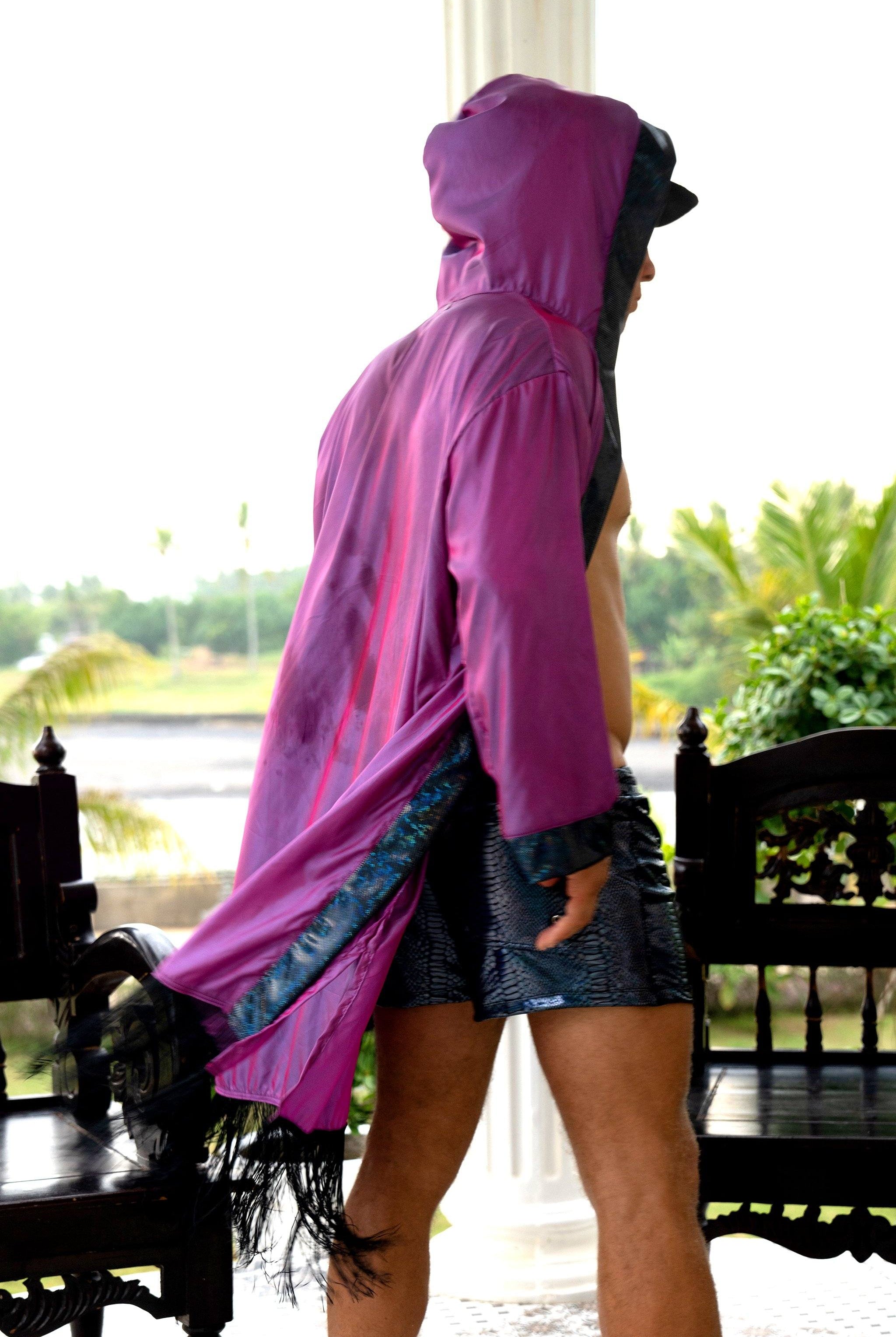 Hooded Iridescent Kimono With Fringe Mens Tops SEA DRAGON STUDIO