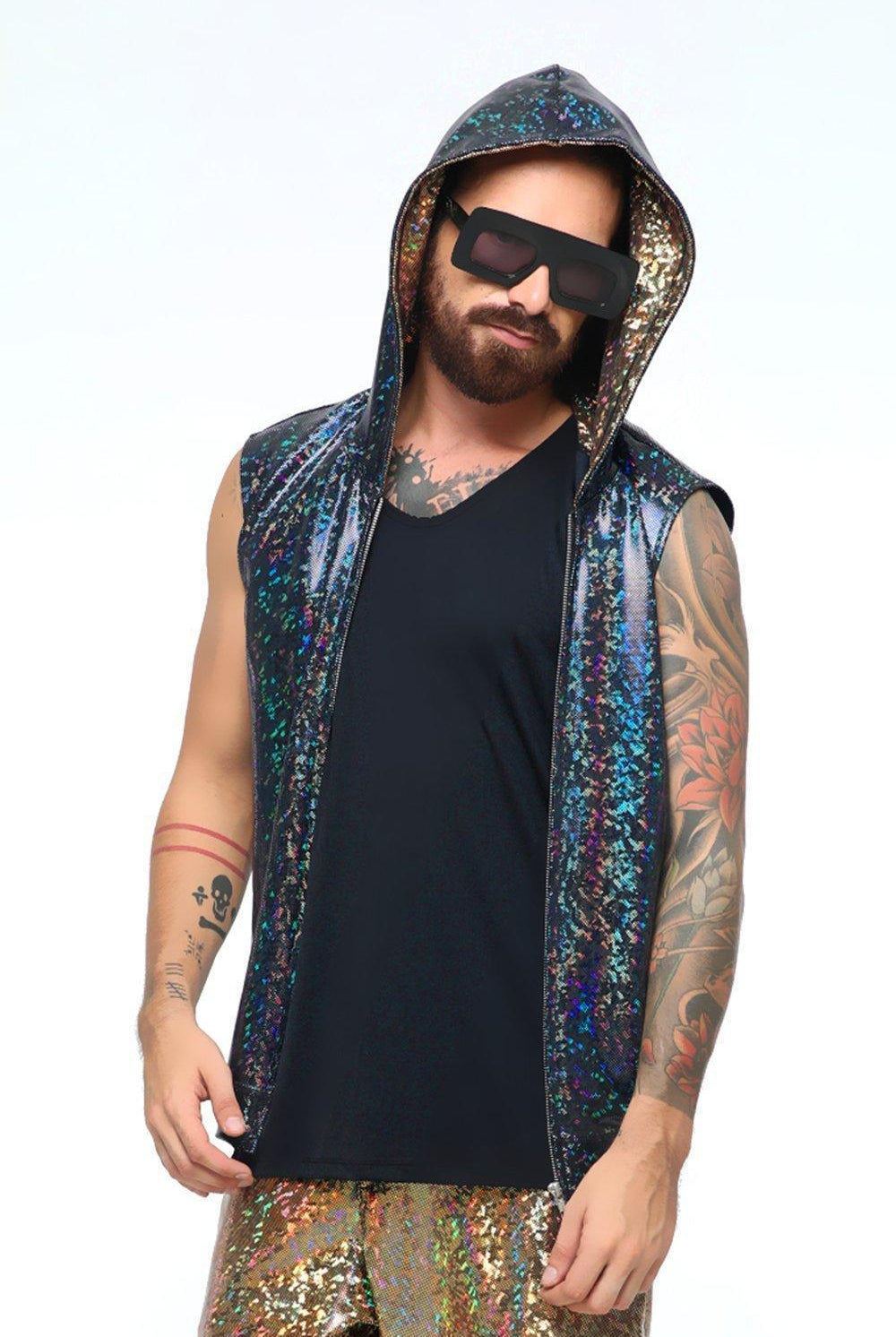 Mens Holographic Sleeveless Hoodie - Men's Top From Sea Dragon Studio Festival & Rave Clothing Collection