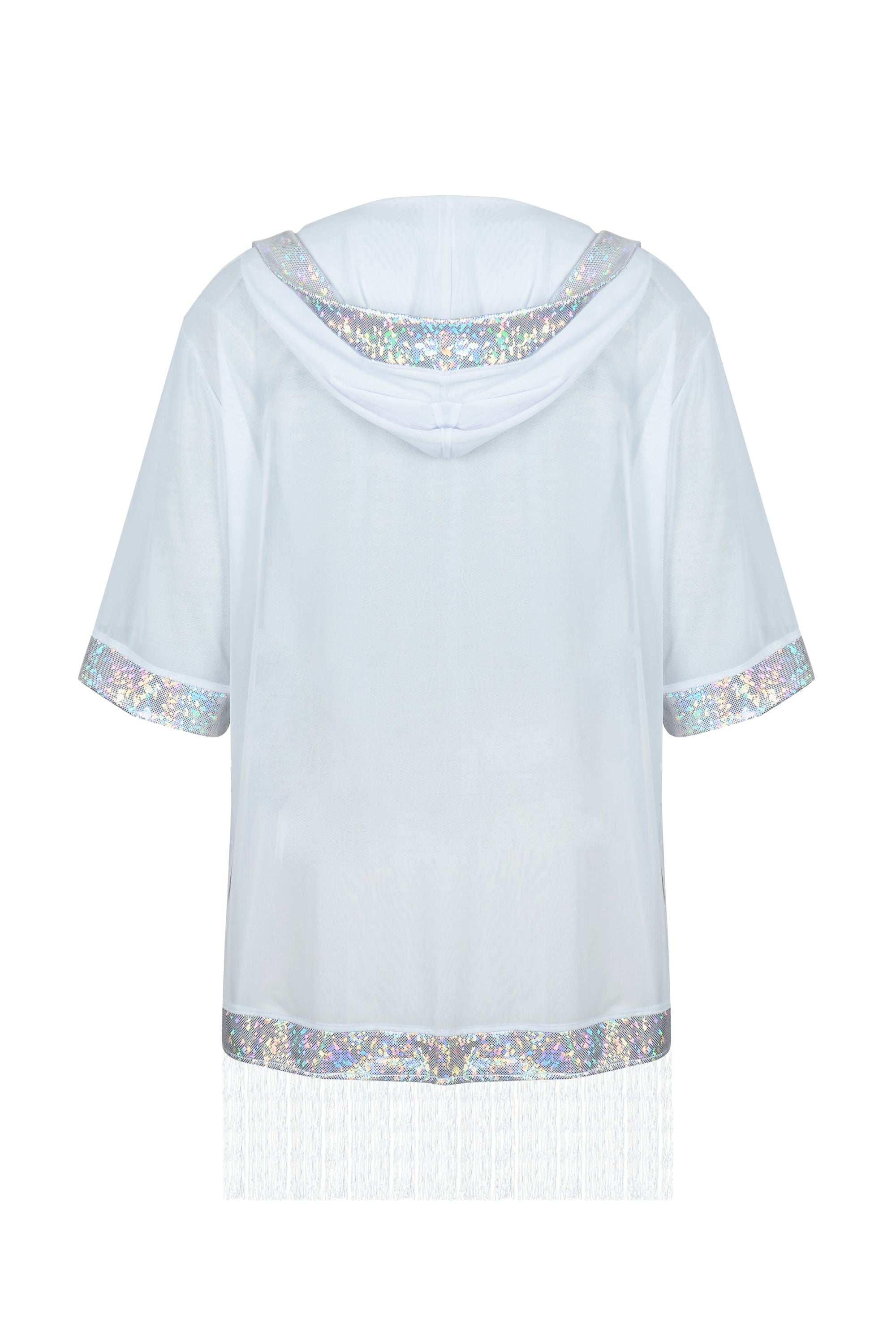 Mens Hooded Mesh & Holo Kimono with Fringe Mens Tops SEA DRAGON STUDIO White Mesh