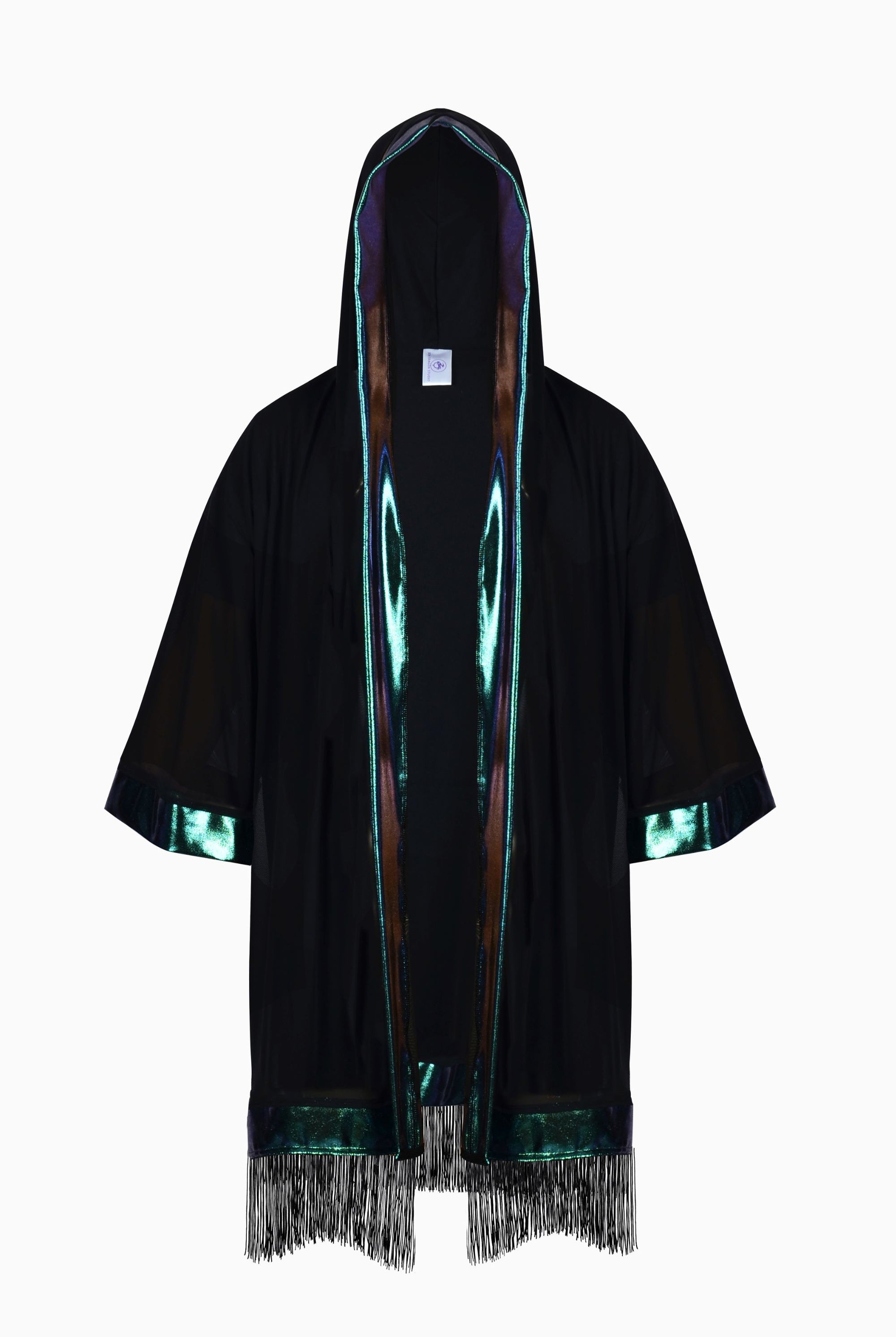 Mens Hooded Mesh & Holo Kimono with Fringe Mens Tops SEA DRAGON STUDIO