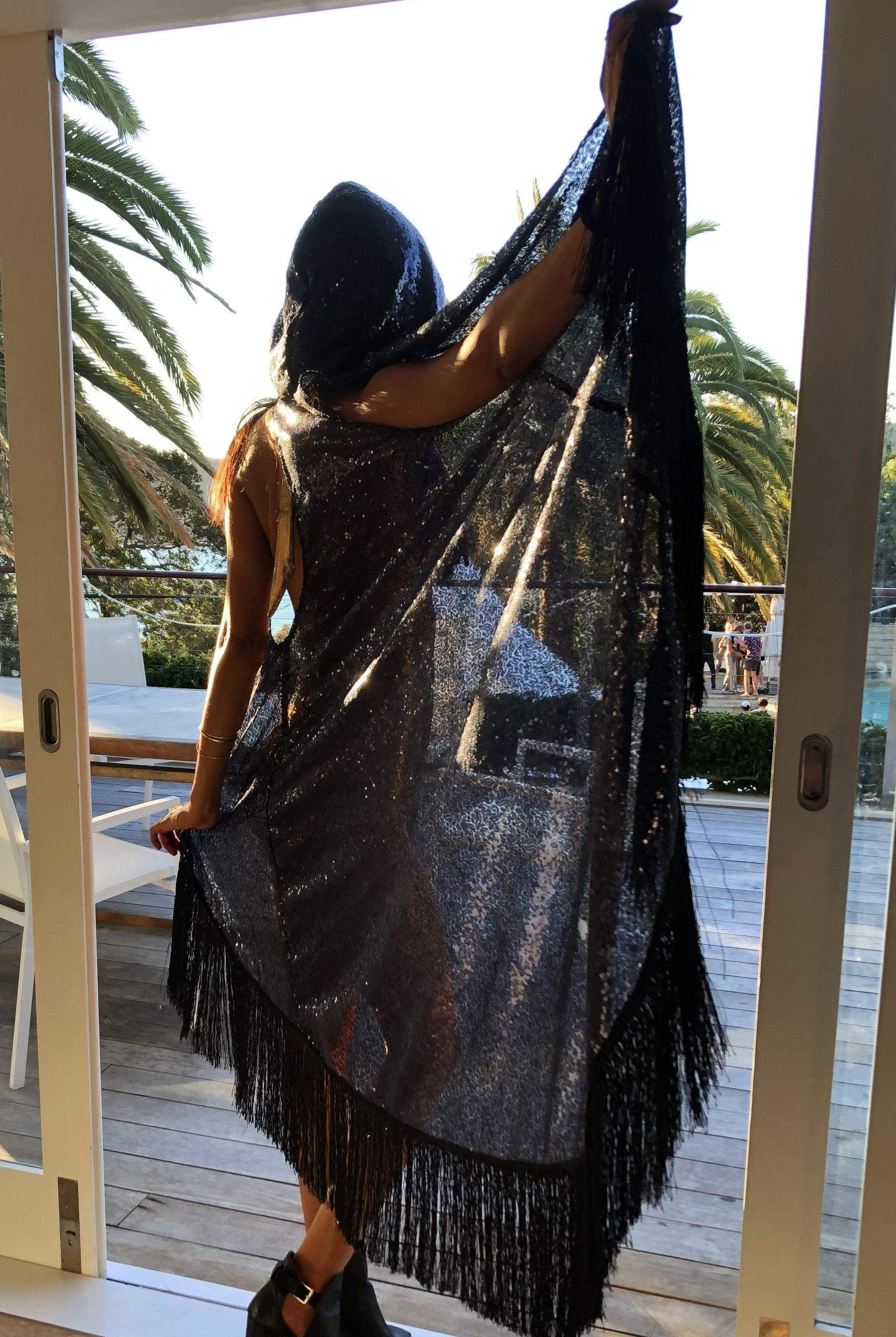 Fringed Sequin Kimono Vest | 5 Colors Womens Tops SEA DRAGON STUDIO Light Gold Sequin Black