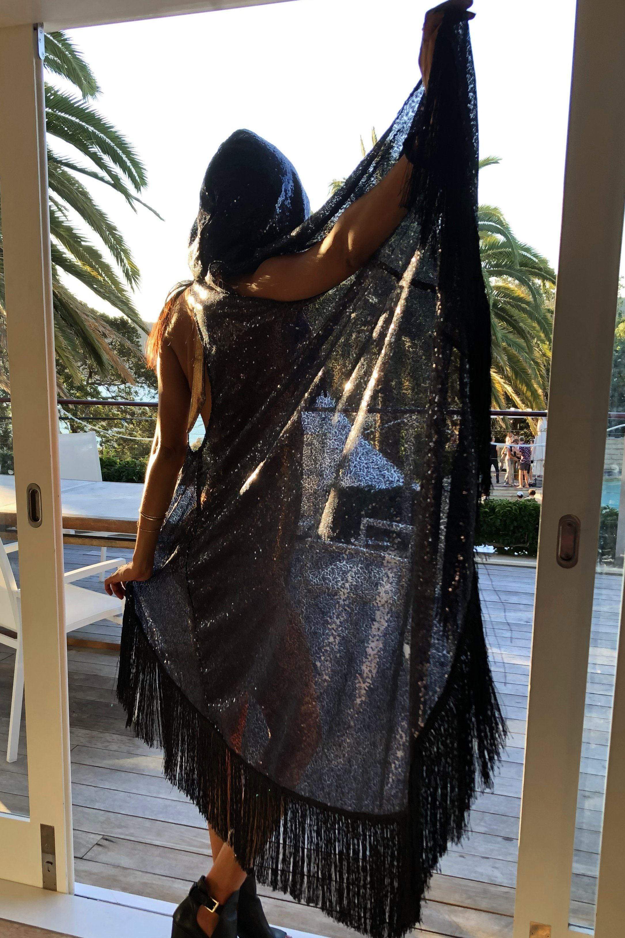 Fringed Sequin Kimono Vest | 5 Colors Womens Tops SEA DRAGON STUDIO Light Gold Sequin Black