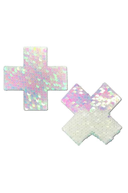 Iridescent Pink Pearl & White Flip Sequin Cross Nipple Pasties Pasties PASTEASE