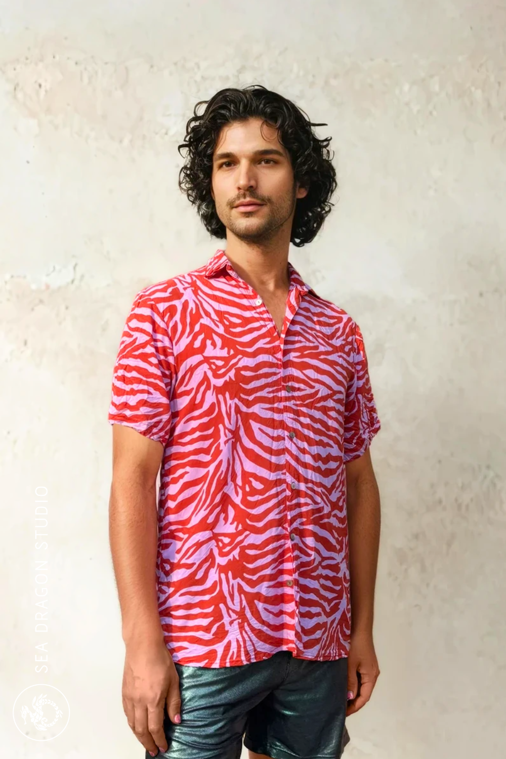 Close-up of the Coastal Mirage Heatwave Shirt showing pattern detail and mother-of-pearl buttons.