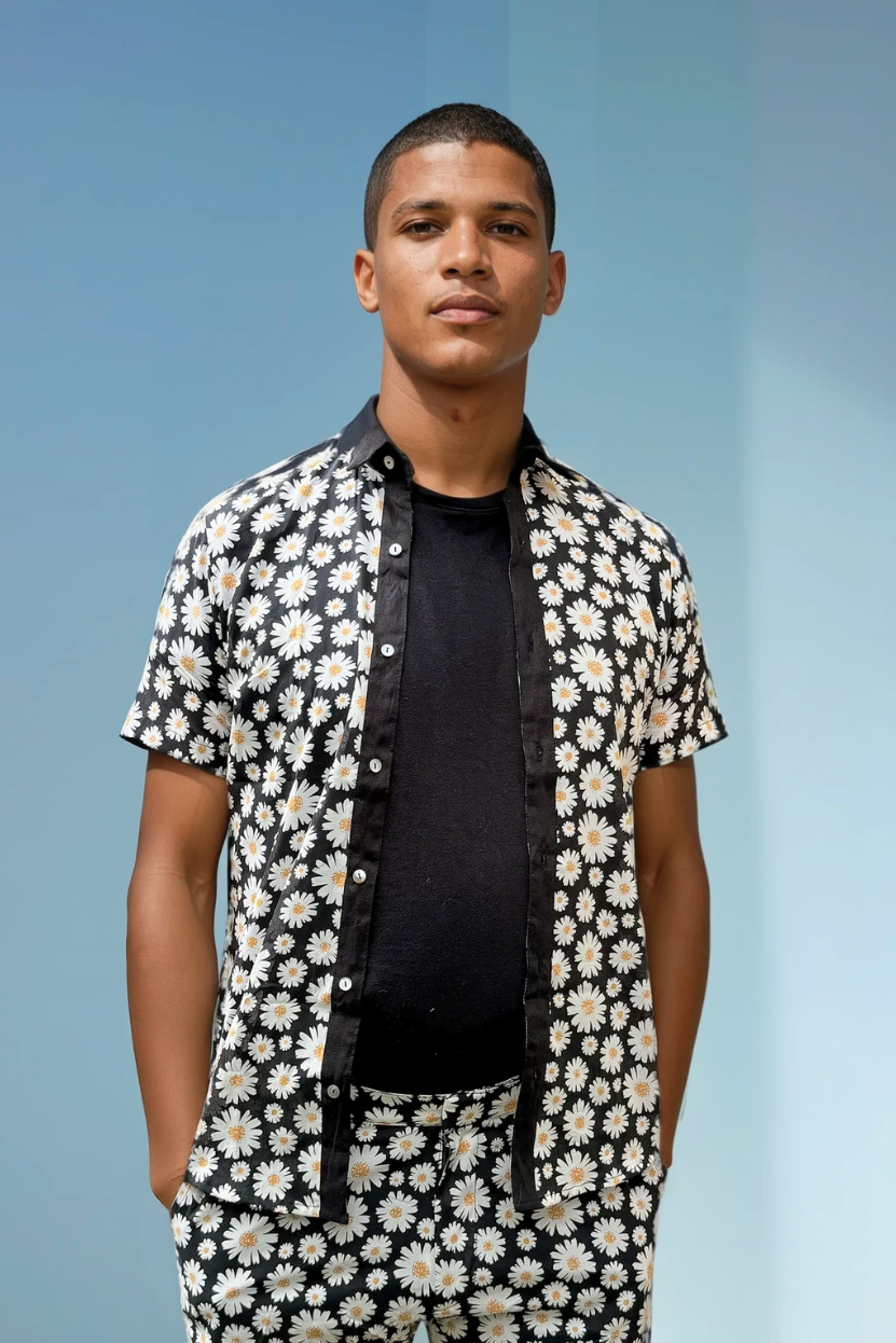 Sea Dragon Studio Daisy Cutter Shirt and Shorts set worn together for a coordinated black and white summer look.