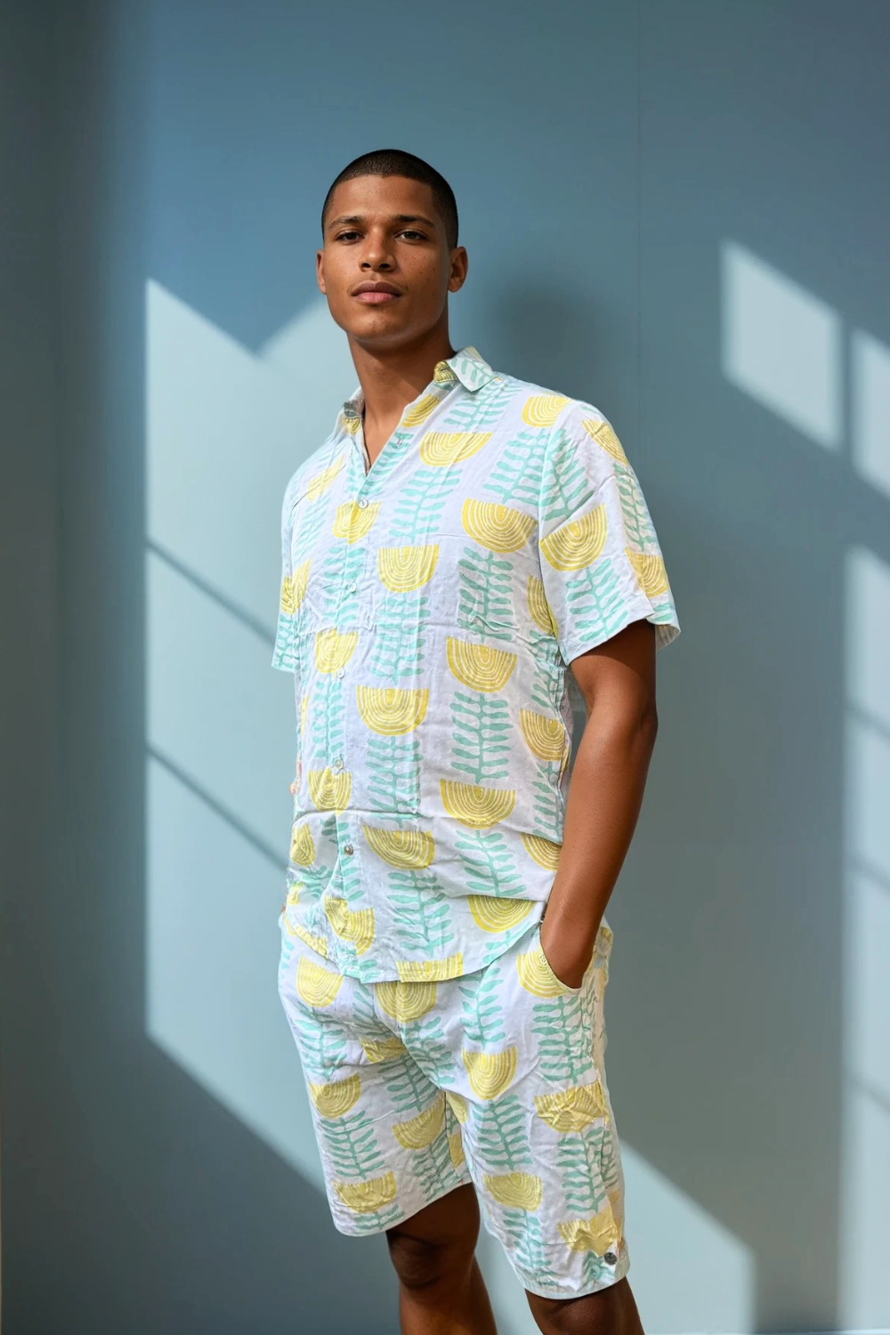 Front view of the Green & Gold Summer Sessions Shorts and Shirt Co-ordinated  Set showing comfortable waistband, pockets and breathable summer fabric.