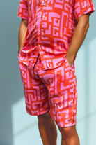 Close view of the Hazy Maze Summer Punch Shorts showing relaxed mid-thigh fit and soft waistband.