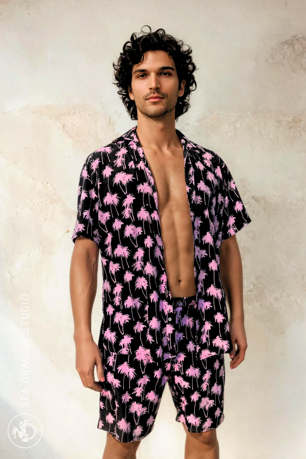 Front view of the Malibu Barbie Palm Party summer set showing the relaxed mid-thigh cut and elastic back waistband.