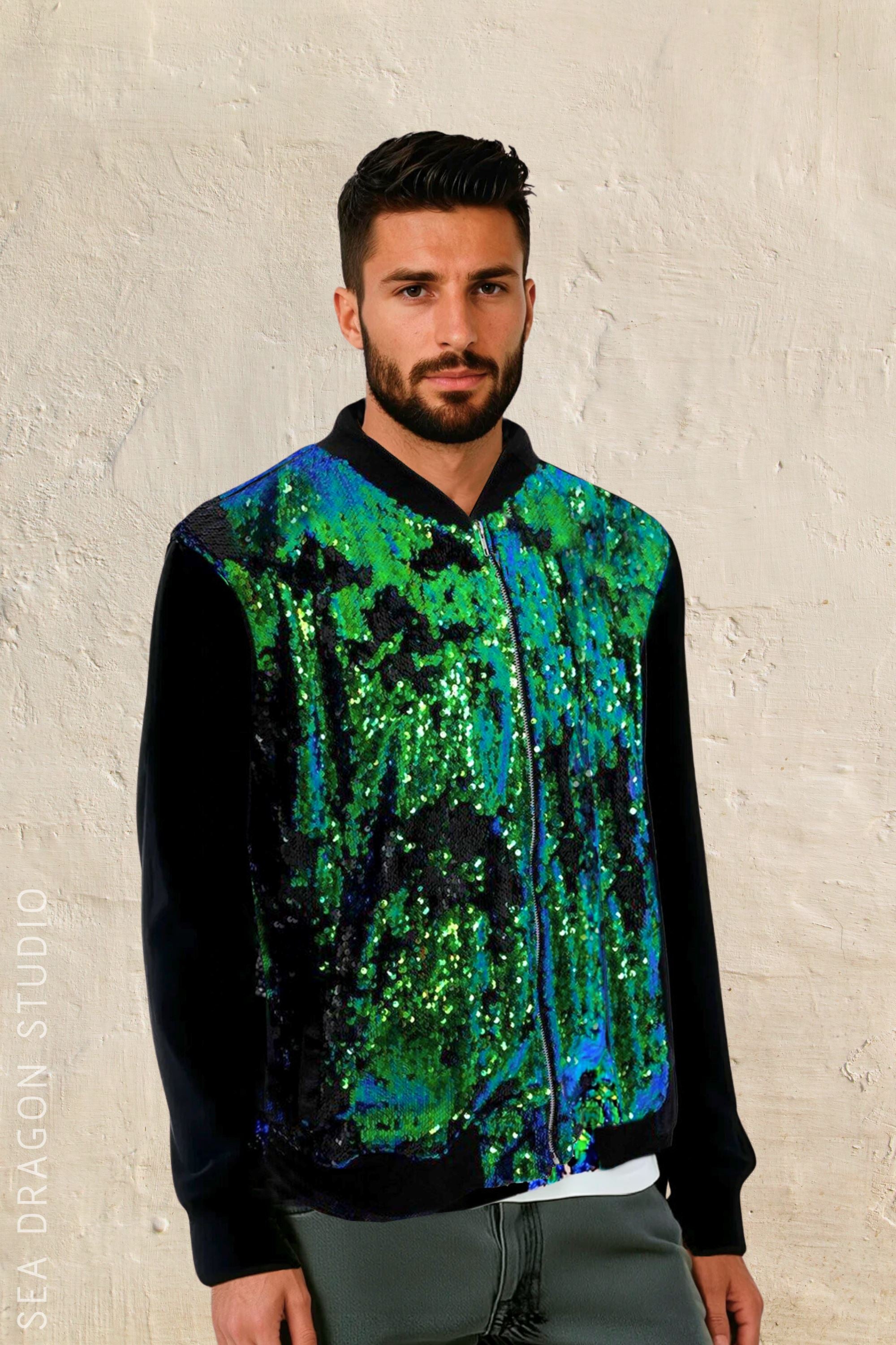 Sequin & Velvet Bomber Jacket Mens Tops SEA DRAGON STUDIO Matte Black to Peacock XSMALL 