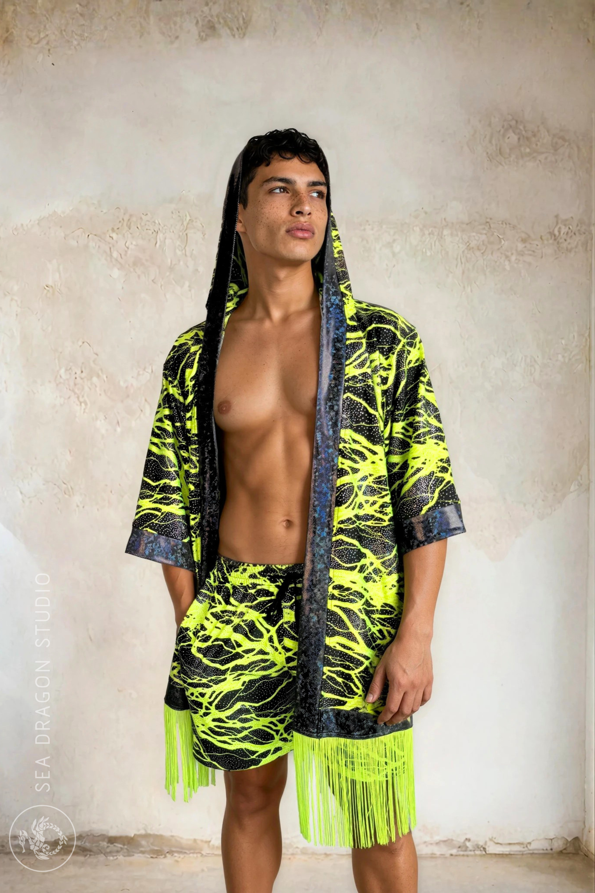Neon Holographic Hooded Kimono | UV Festival Fringe Kimono – Sea