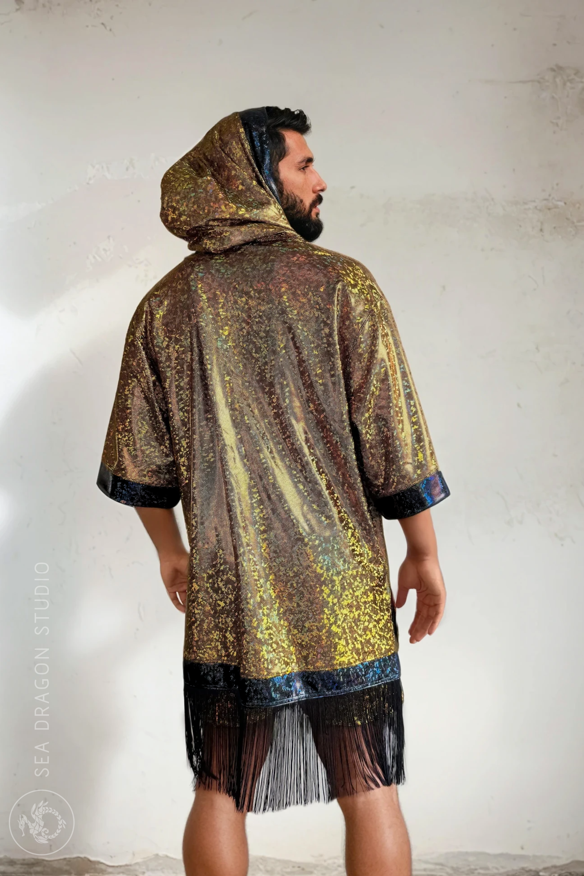 Sea Dragon Studio Holographic Hooded Kimono – side view with hood up, holographic festival robe