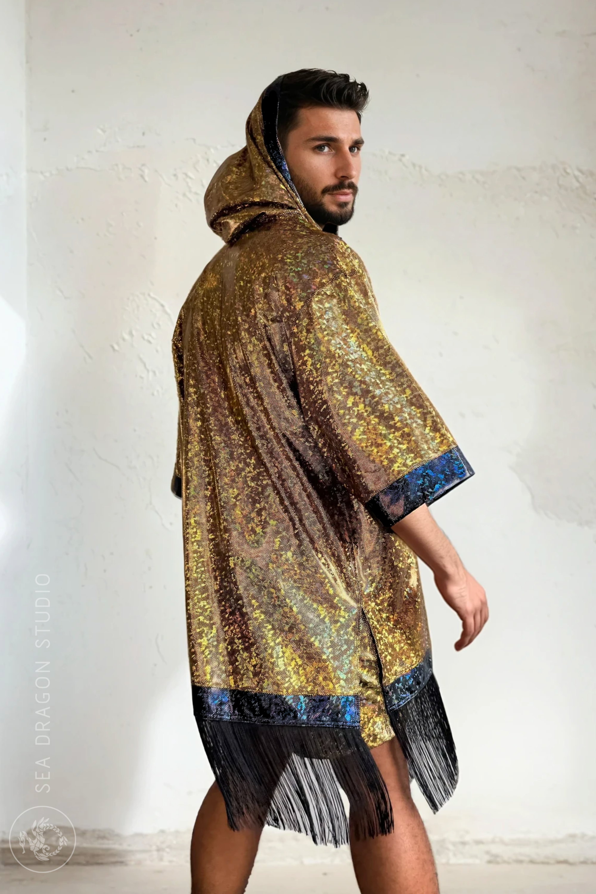 Sea Dragon Studio Holographic Hooded Kimono – back view in Gold Rush, Burning Man festival kimono with fringe