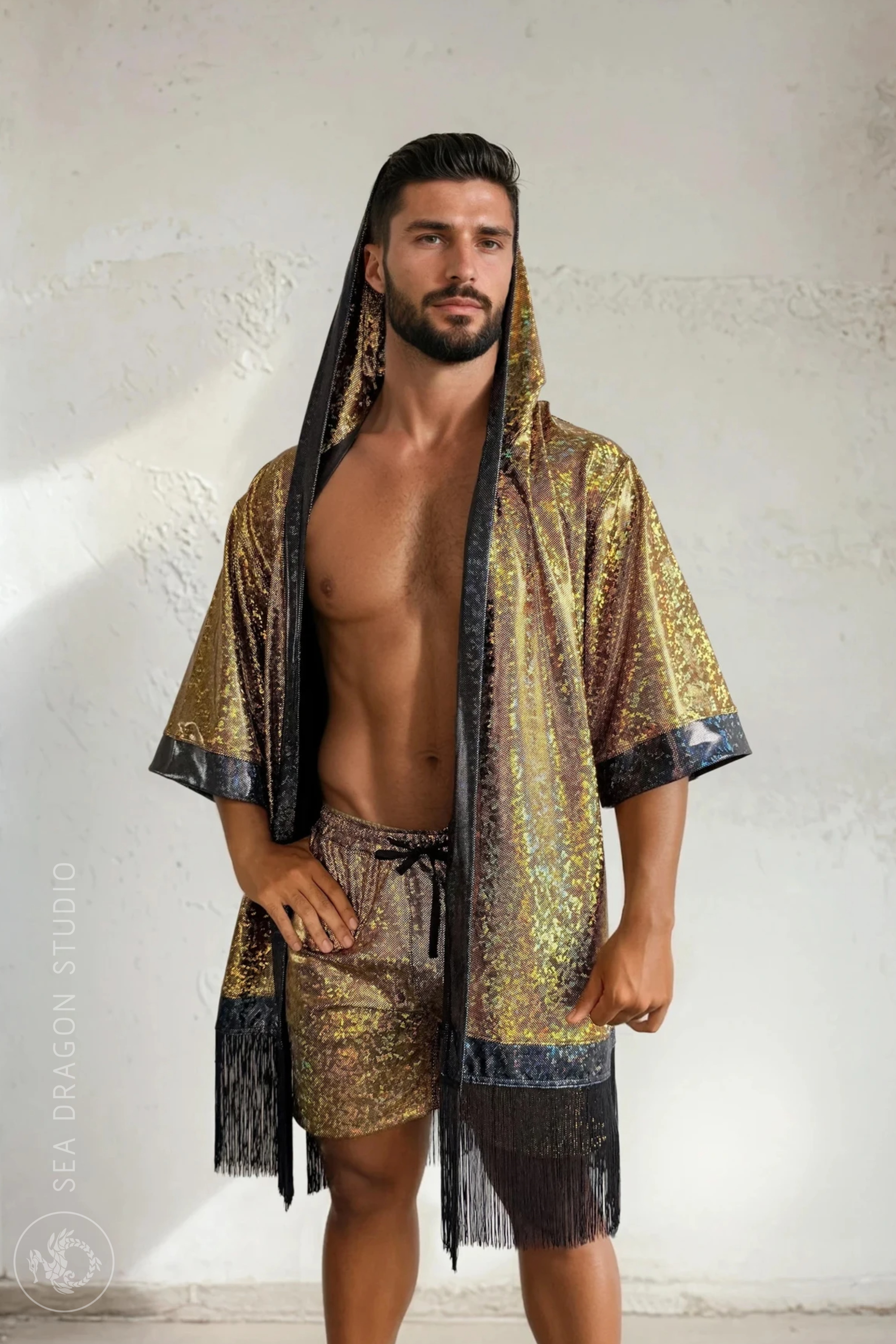 Sea Dragon Studio Holographic Hooded Kimono – front view in Gold Rush, holographic festival robe with fringe