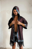 Sea Dragon Studio Shadow Cat Hooded Kimono – back view with luxury black fringe hem