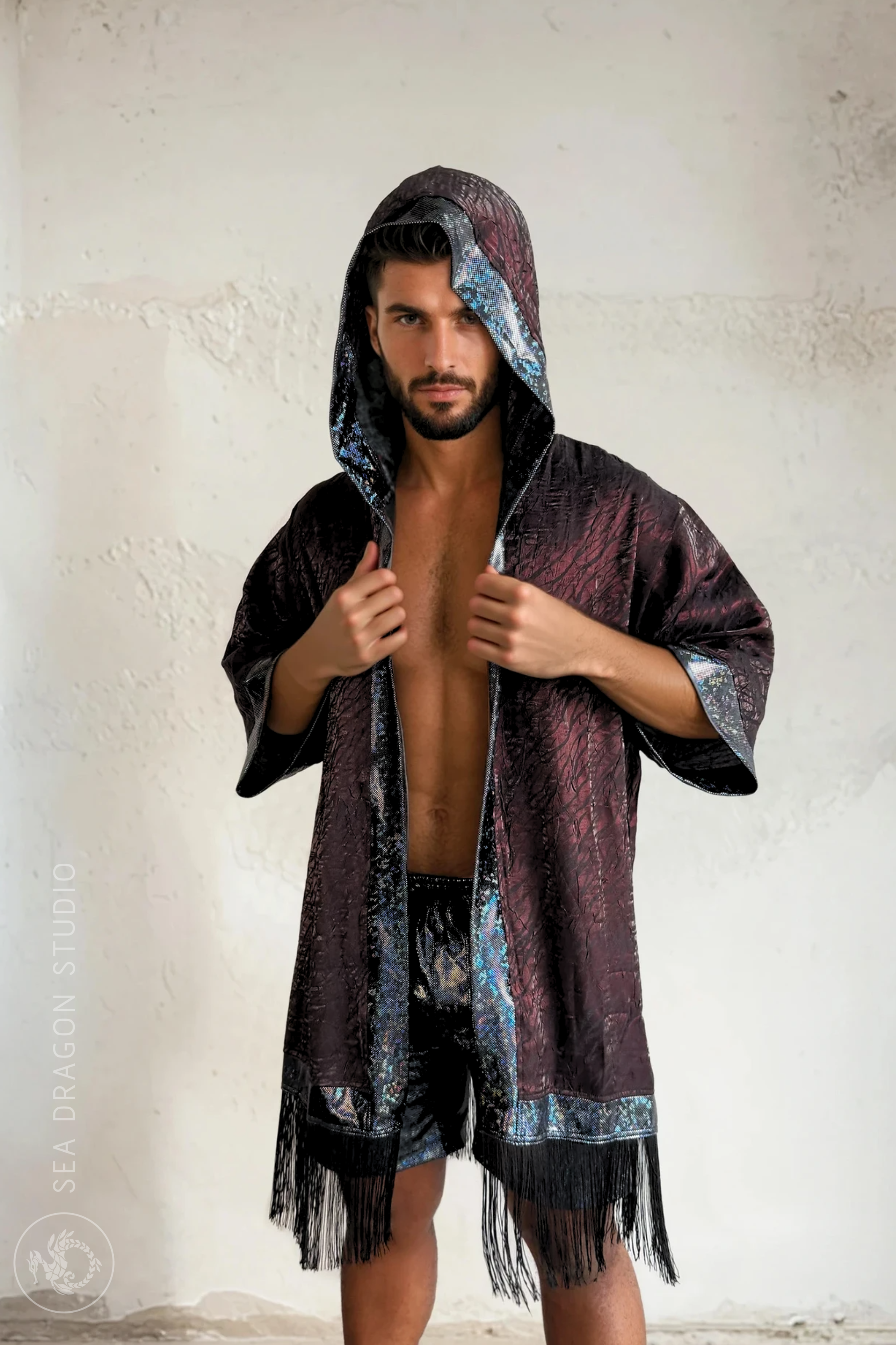 Sea Dragon Studio Shadow Cat Hooded Kimono – back view with luxury black fringe hem